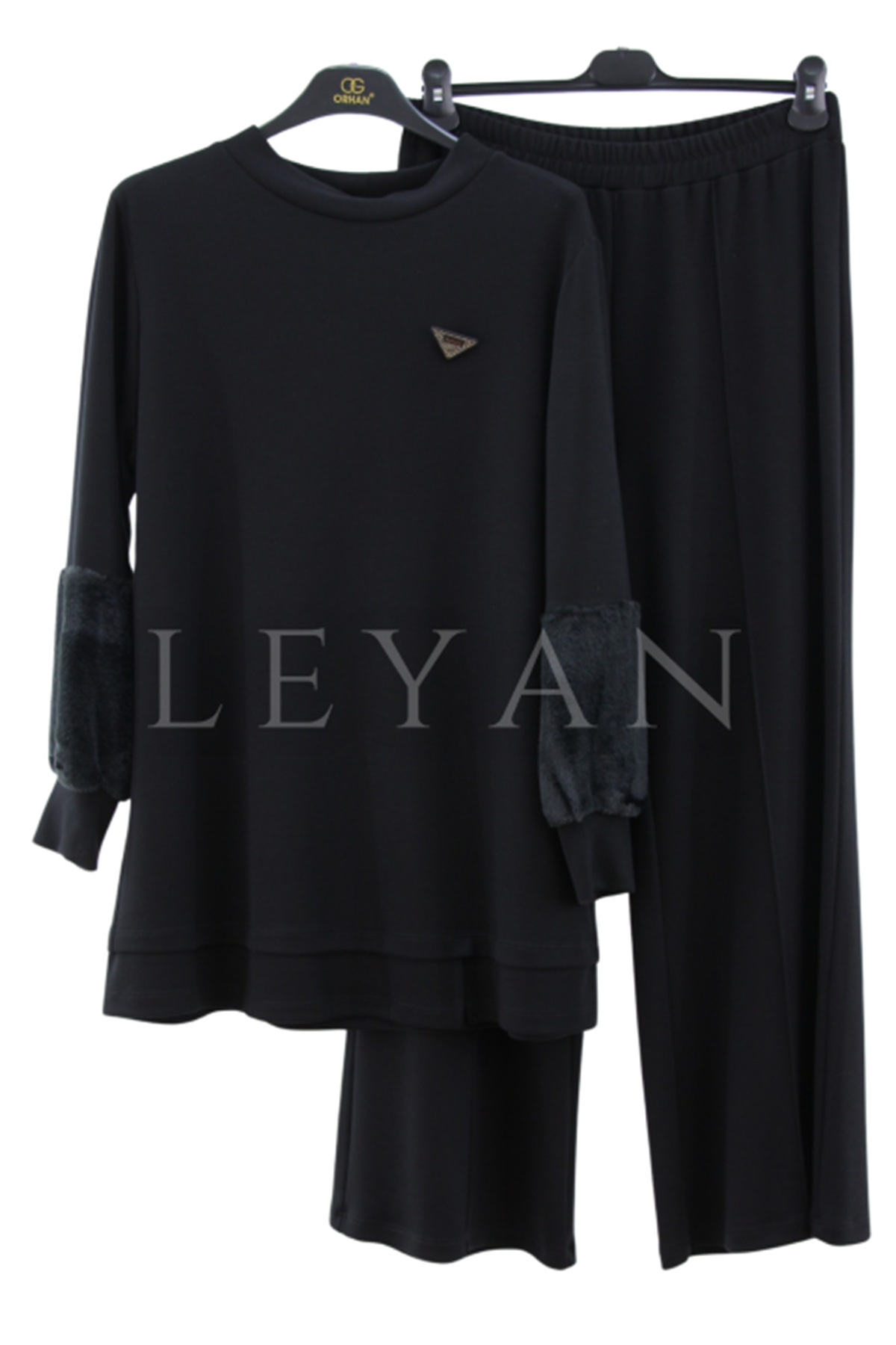Orhan Store Kolu Kürk Detaylı Takım- LYN02896 Siyah
