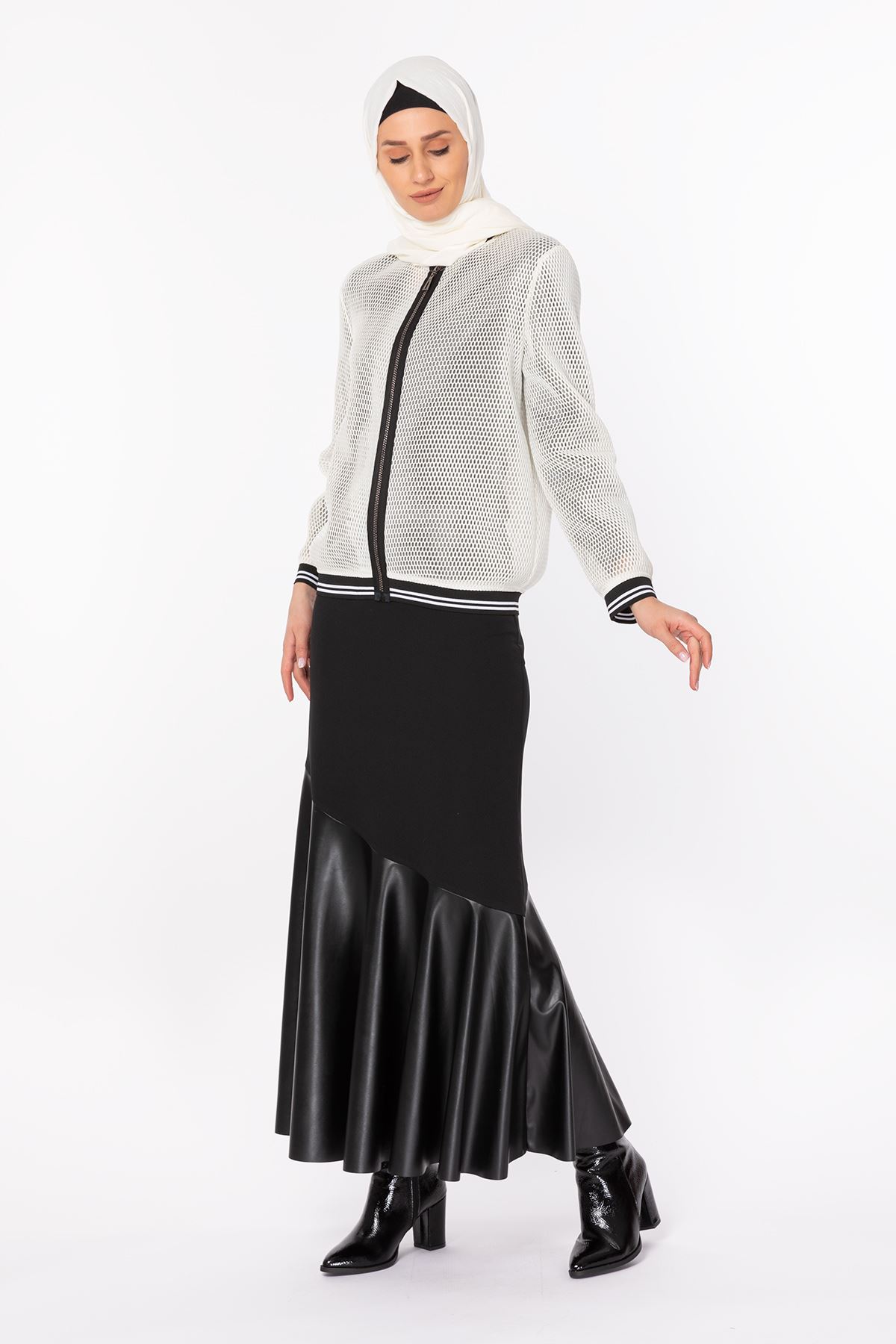 Deri Detaylı Volanlı Etek- LYN01724 Siyah