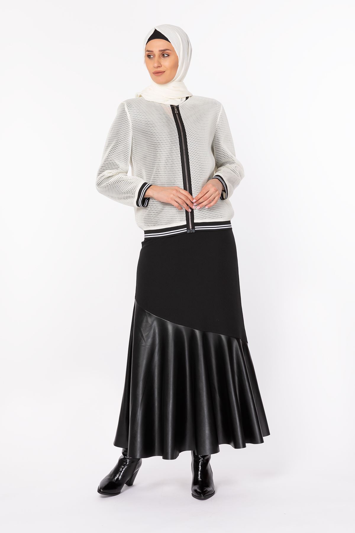 Deri Detaylı Volanlı Etek- LYN01724 Siyah