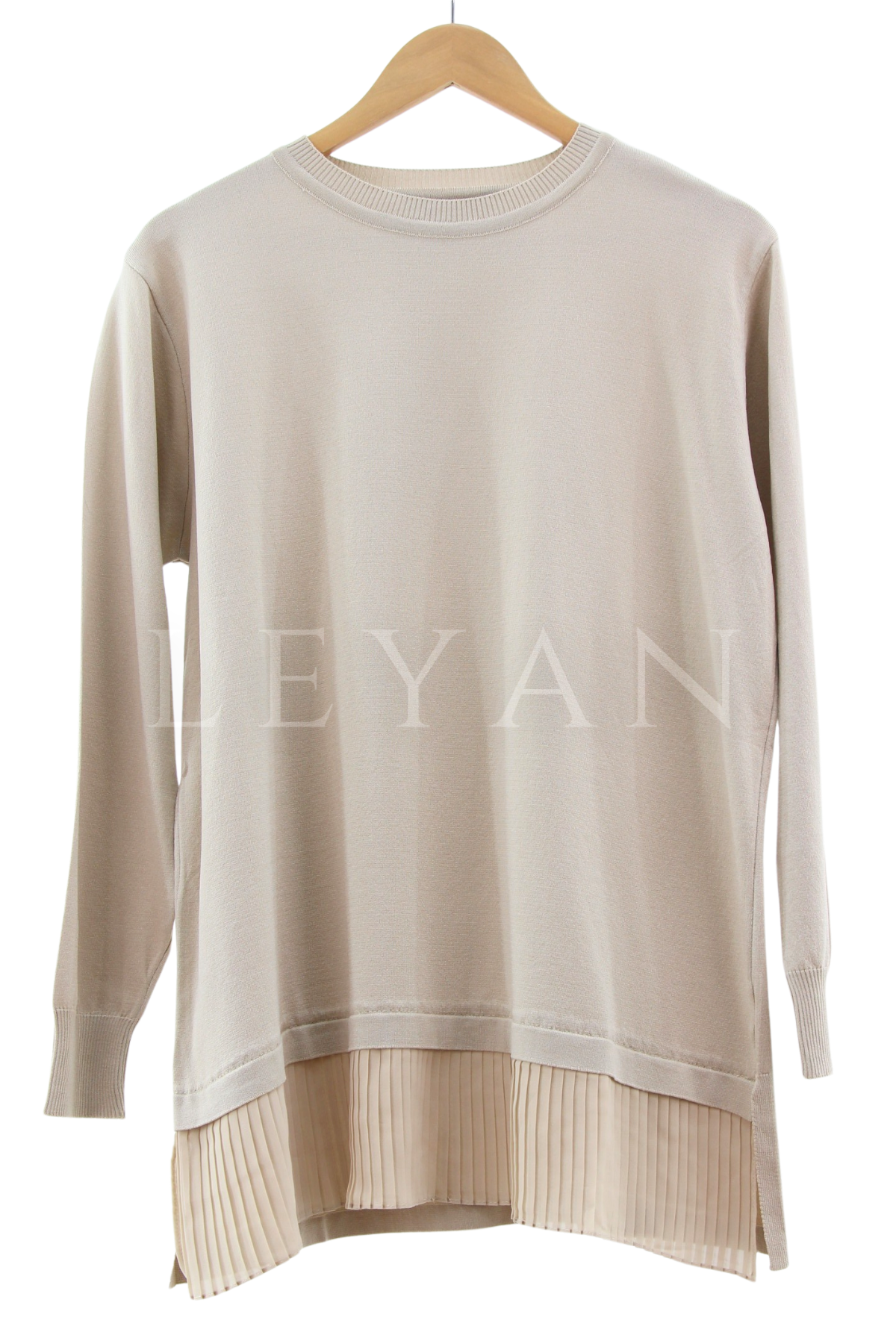 Önü Şifonlu Pilise Detaylı Merserize Triko Bluz- LYN03141 Bej