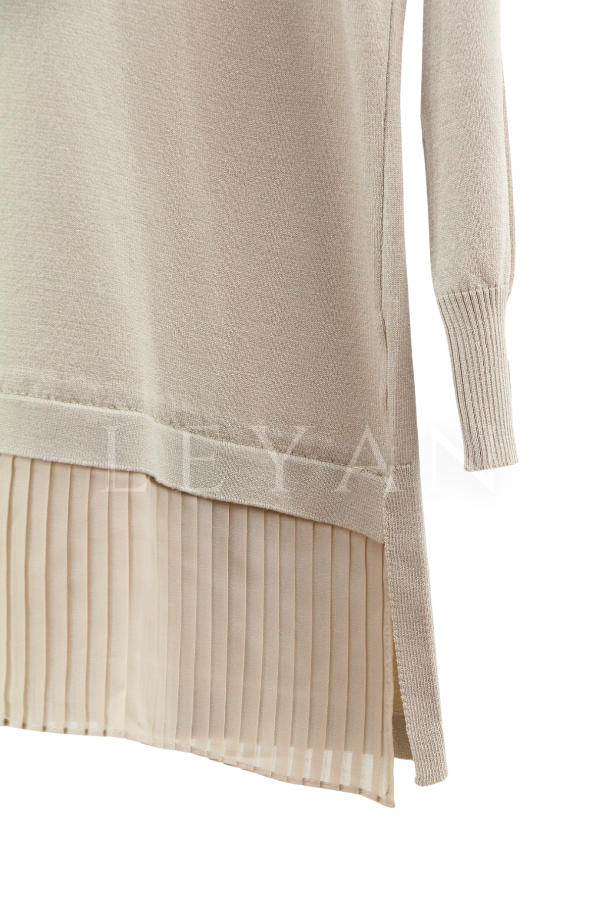 Önü Şifonlu Pilise Detaylı Merserize Triko Bluz- LYN03141 Bej