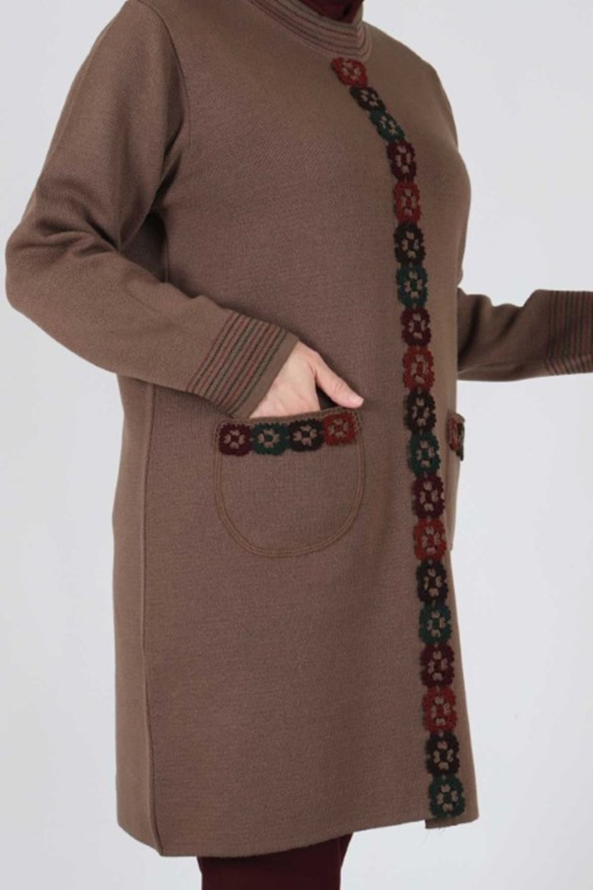 Behrem Motif Detaylı Triko Ceket- LYN01647 Toprak