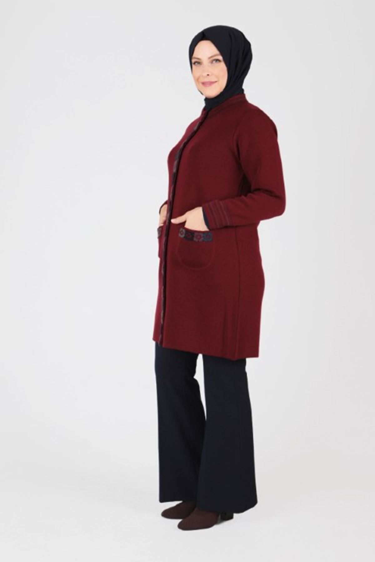 Behrem Motif Detaylı Triko Ceket- LYN01647 Bordo