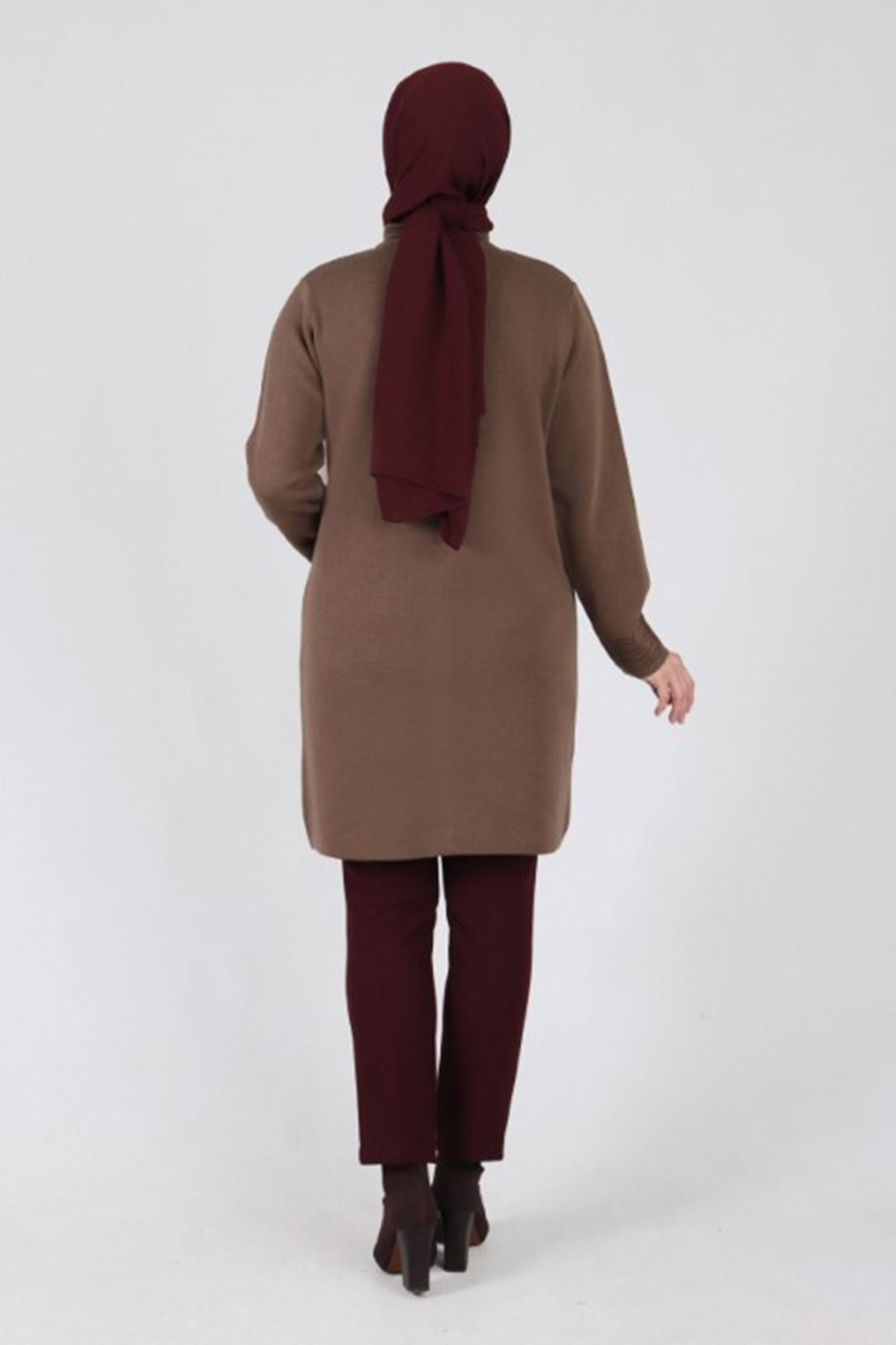 Behrem Motif Detaylı Triko Ceket- LYN01647 Toprak