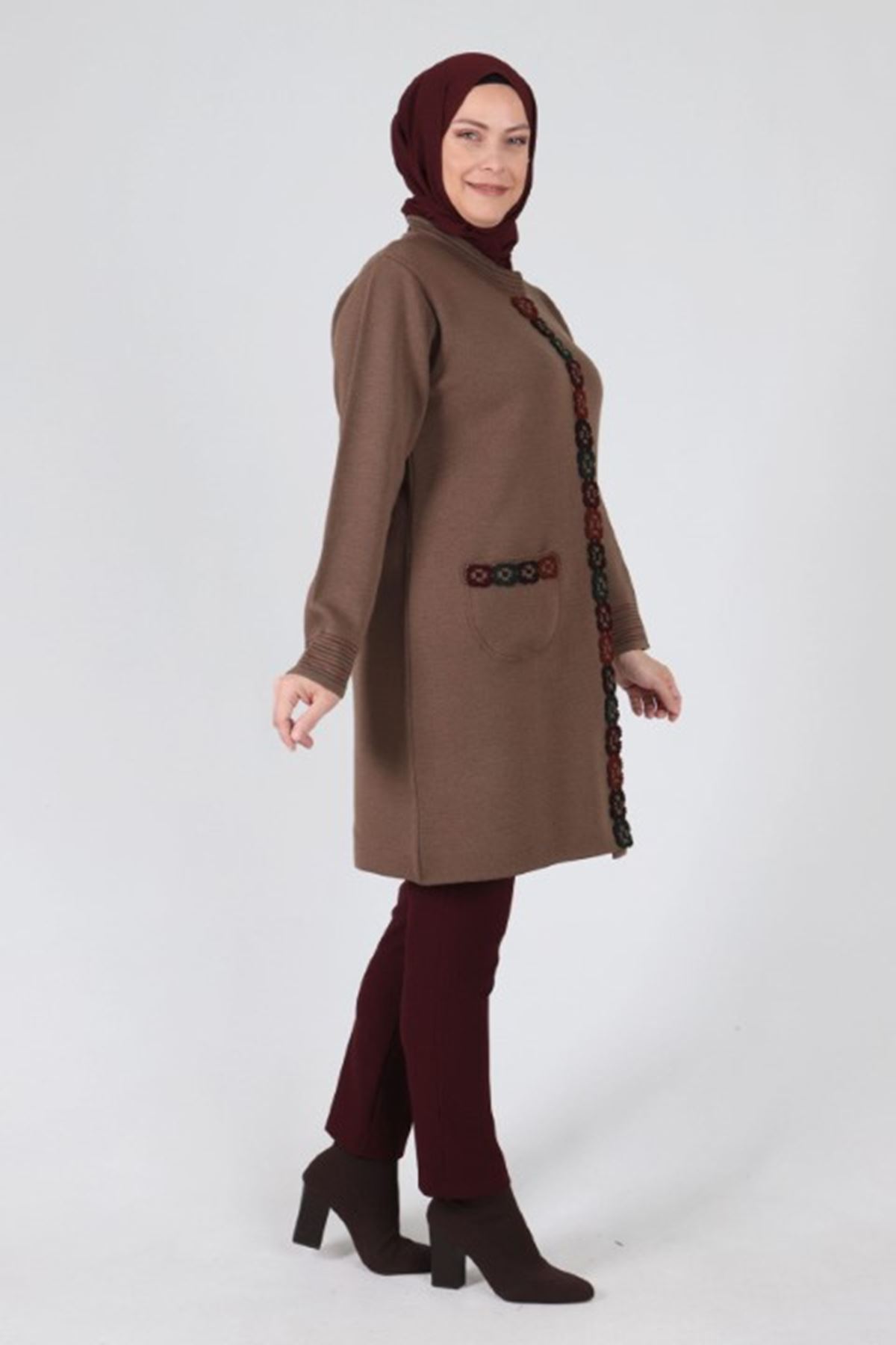 Behrem Motif Detaylı Triko Ceket- LYN01647 Toprak