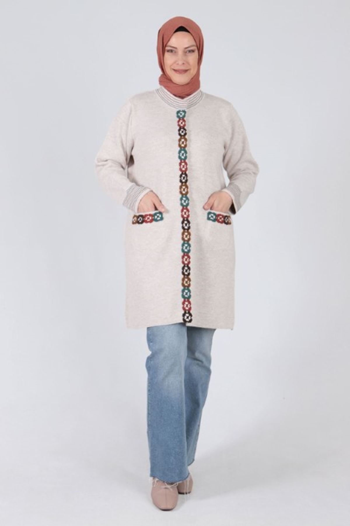 Behrem Motif Detaylı Triko Ceket- LYN01647 Krem