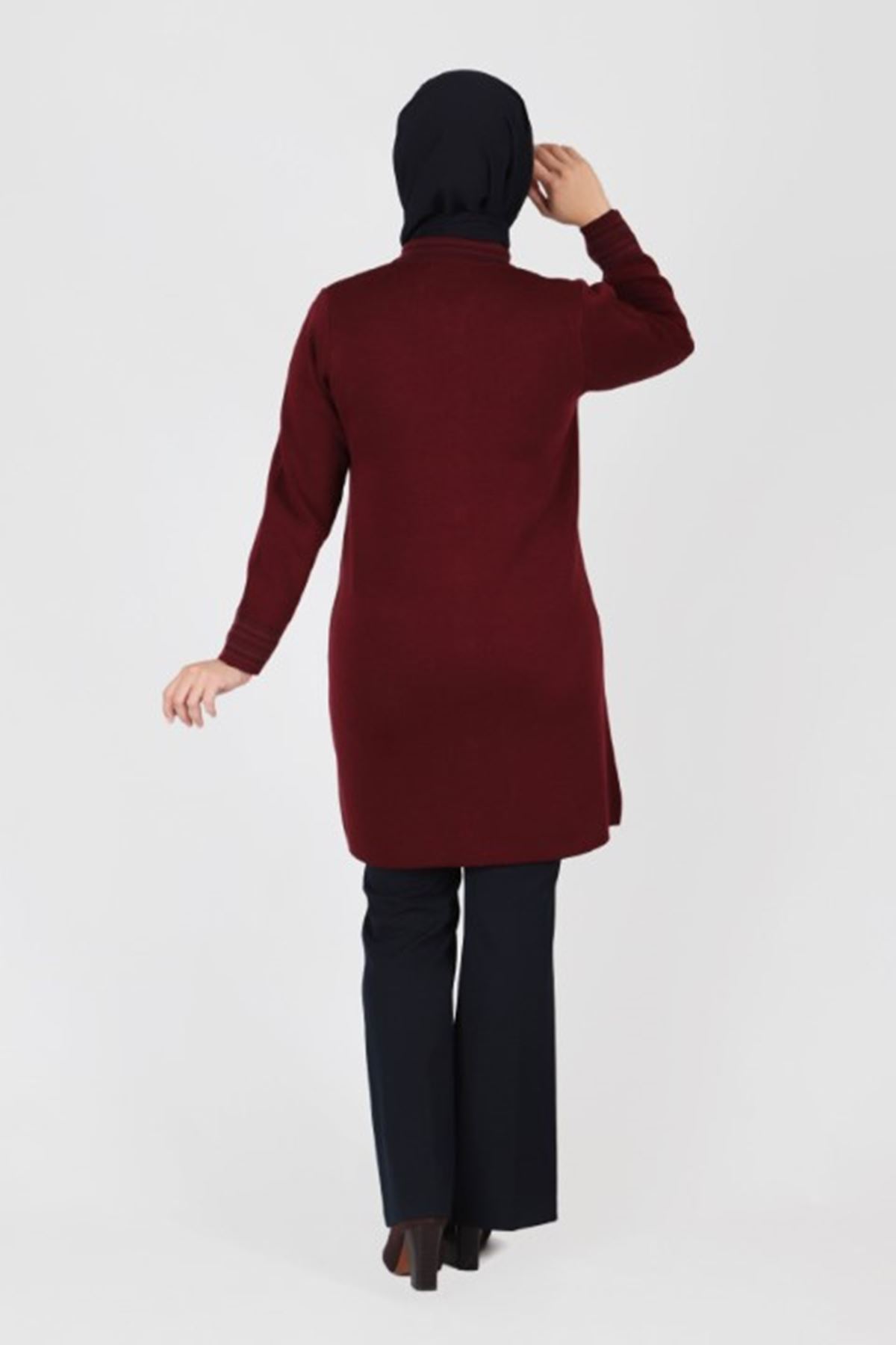 Behrem Motif Detaylı Triko Ceket- LYN01647 Bordo