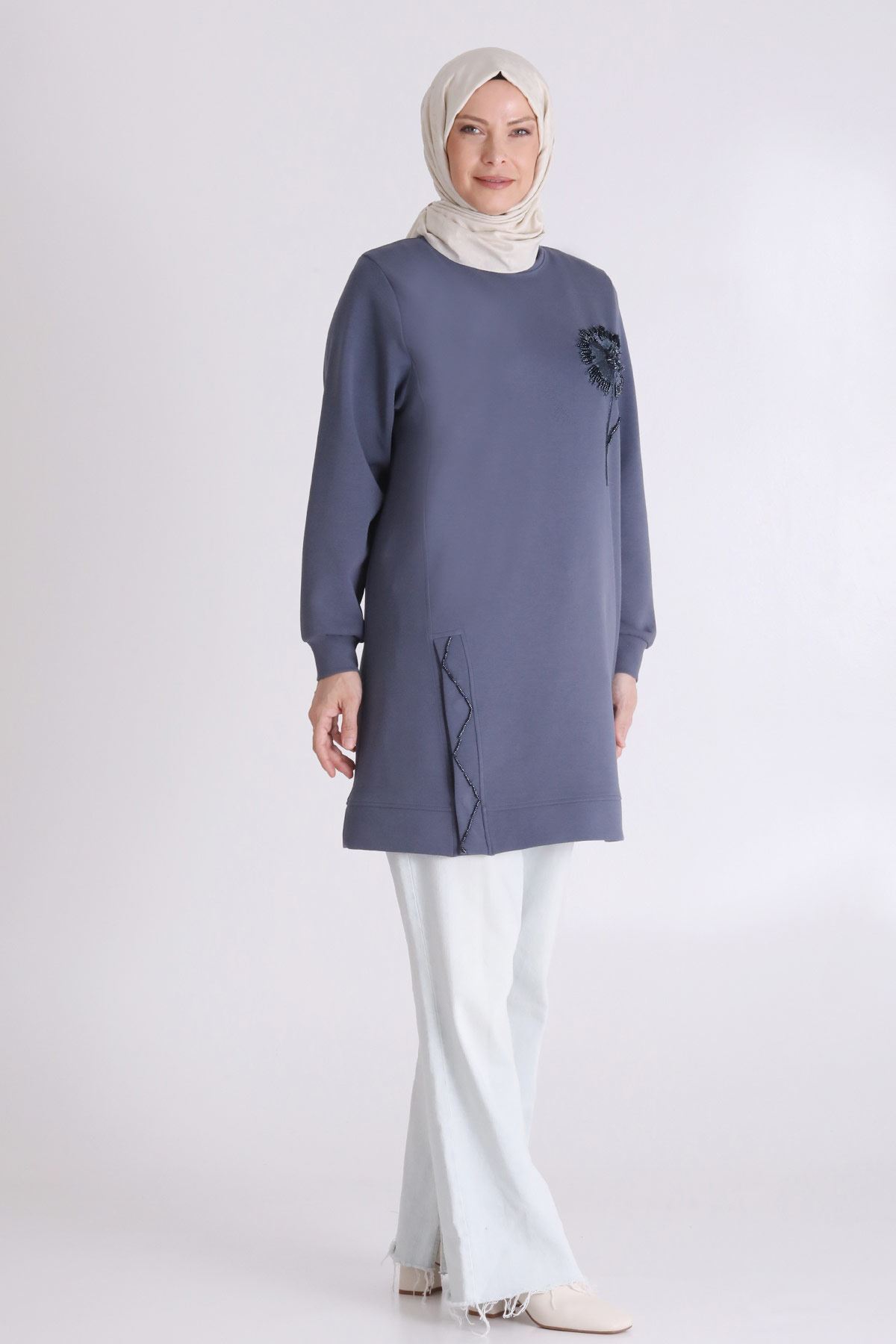 Behrem Taş İşlemeli Tunik- LYN04105 Duman Mavi