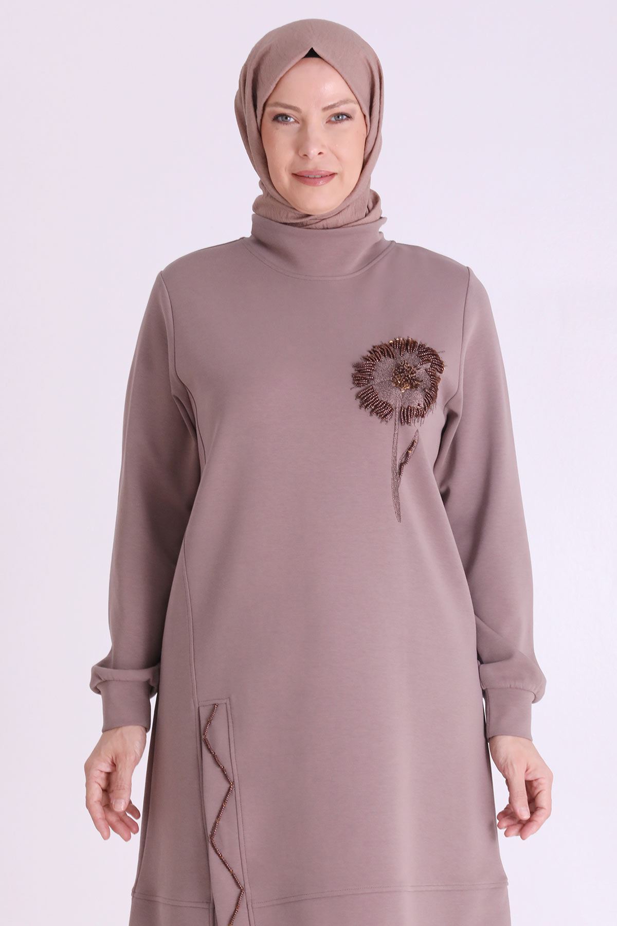 Behrem Taş İşlemeli Tunik- LYN04105 Kestane