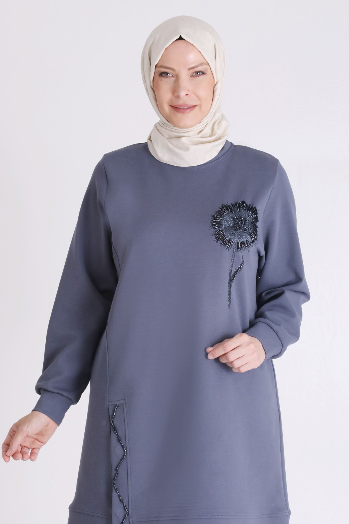 Behrem Taş İşlemeli Tunik- LYN04105 Duman Mavi