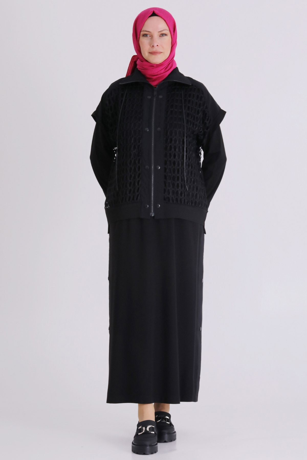 Behrem File Yelekli Elbise- LYN04379 Siyah