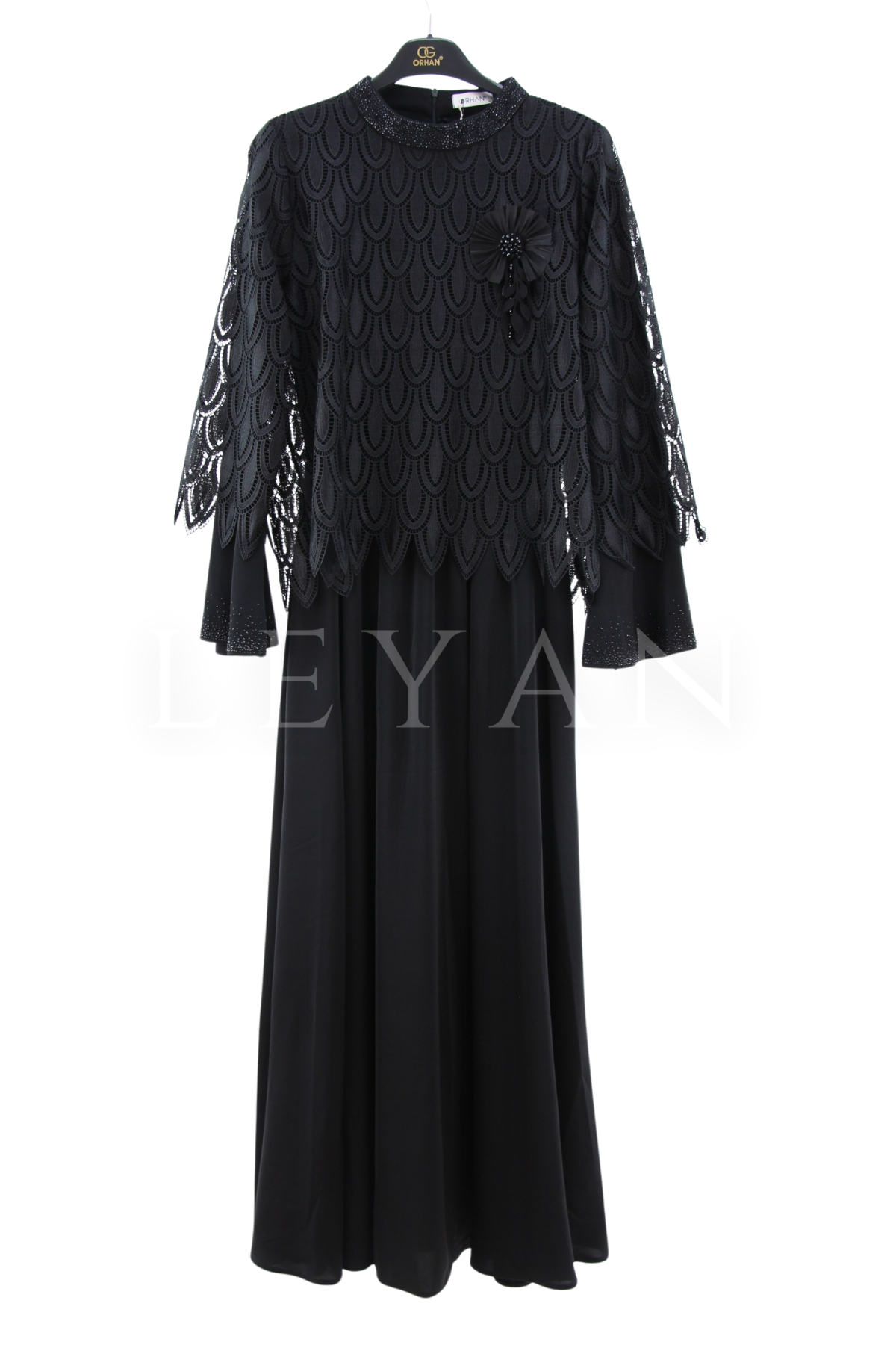 Orhan Store Güpür Detaylı Elbise- LYN04410 Siyah