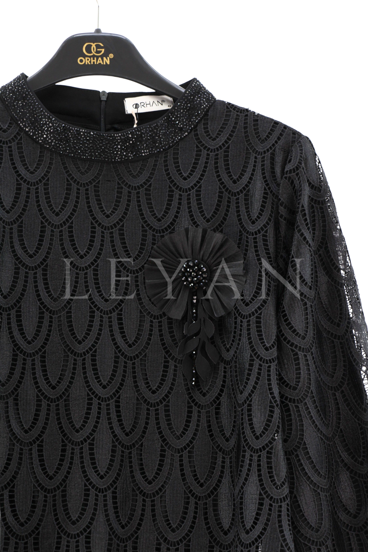 Orhan Store Güpür Detaylı Elbise- LYN04410 Siyah