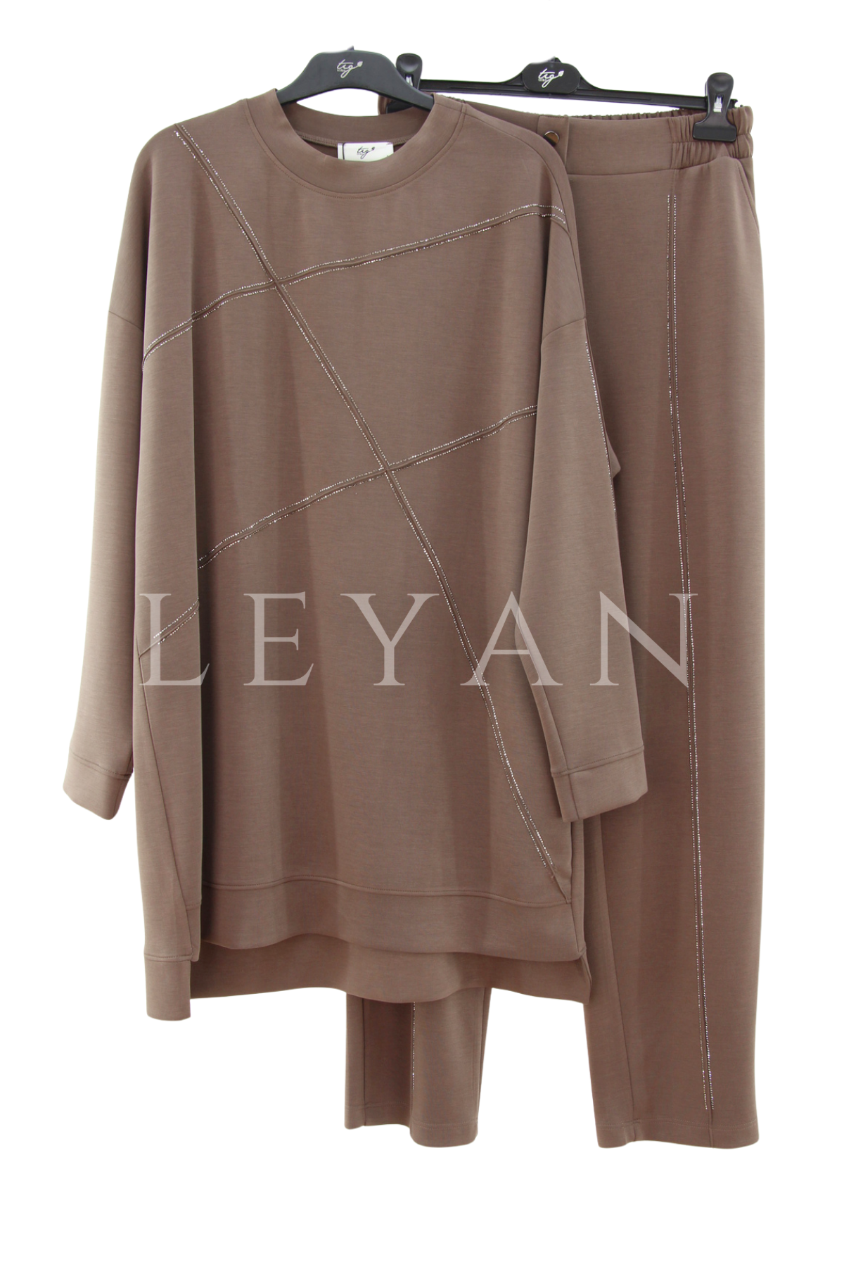 Tığ Triko Nervür Ve Sıra Taşlı Takım- LYN04423 Kahve