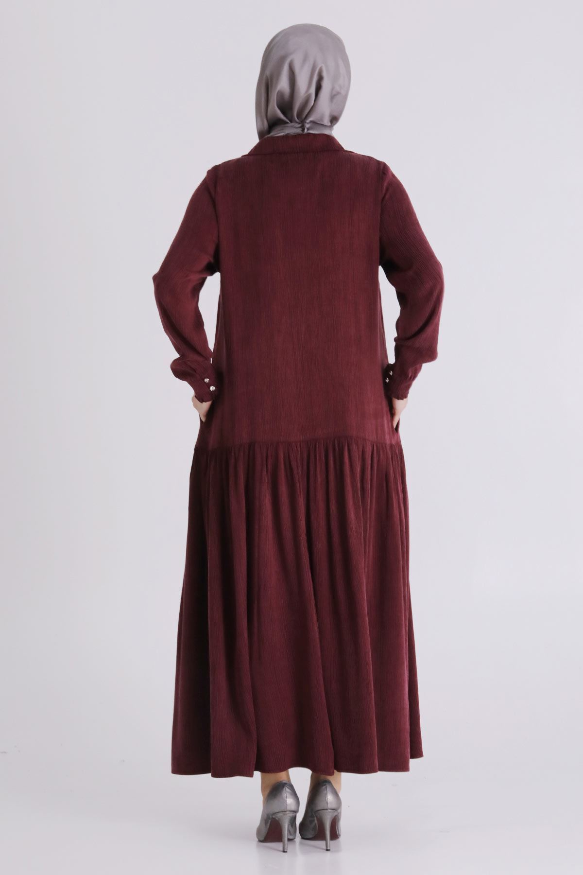 Behrem Yakalı İşlemeli Elbise - LYN04392 Bordo