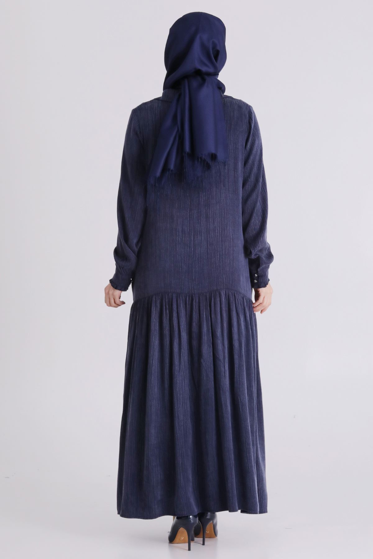 Behrem Yakalı İşlemeli Elbise - LYN04392 Lacivert