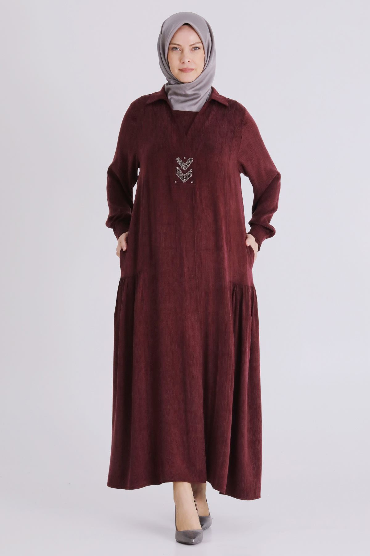 Behrem Yakalı İşlemeli Elbise - LYN04392 Bordo