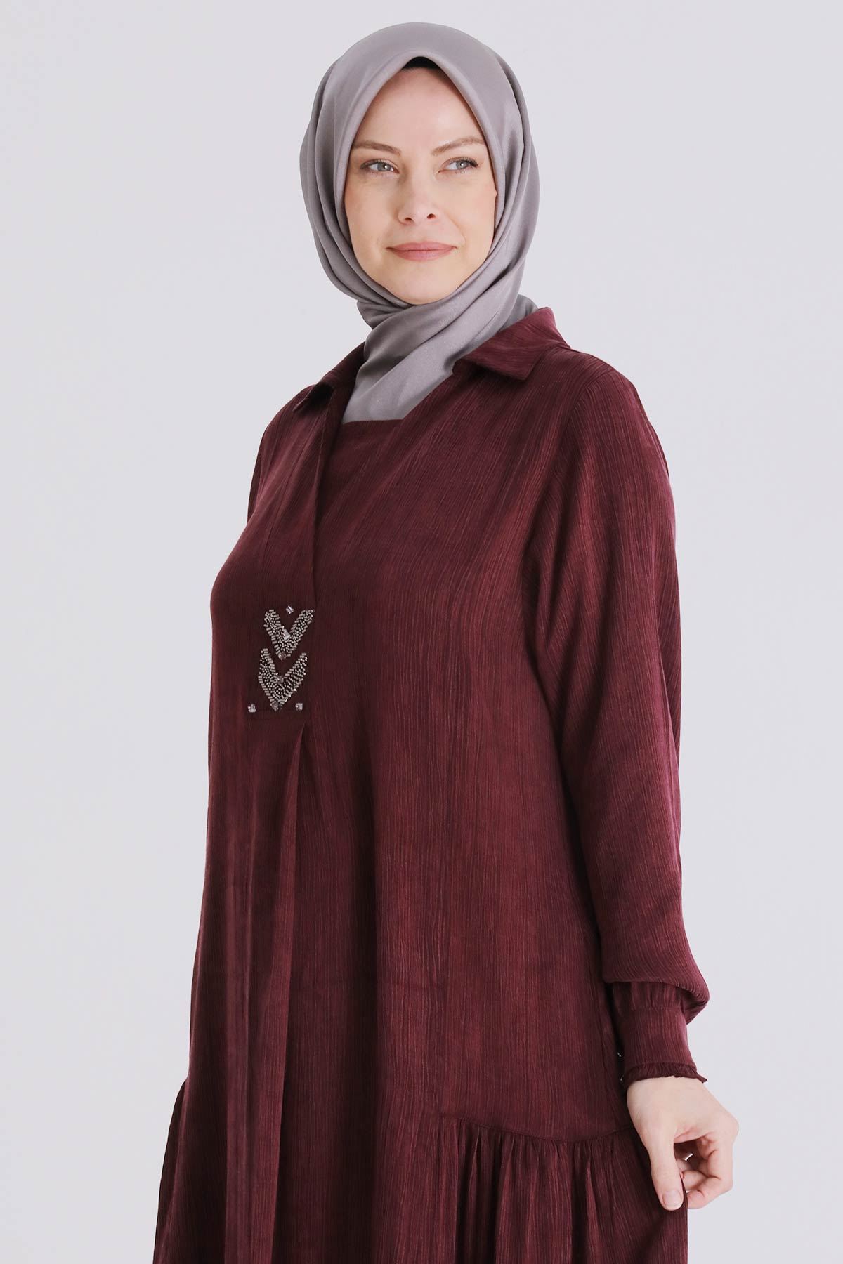 Behrem Yakalı İşlemeli Elbise - LYN04392 Bordo