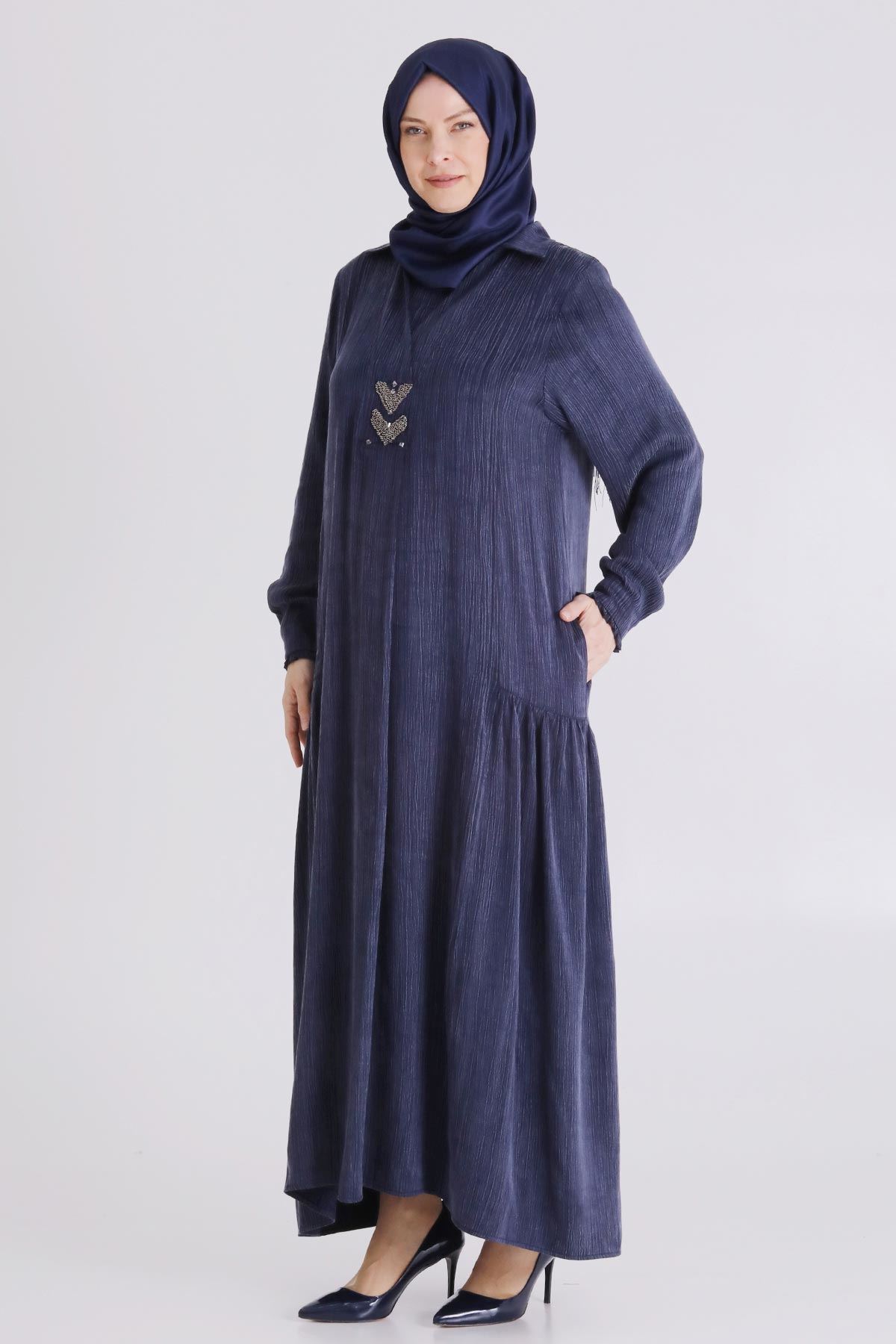 Behrem Yakalı İşlemeli Elbise - LYN04392 Lacivert