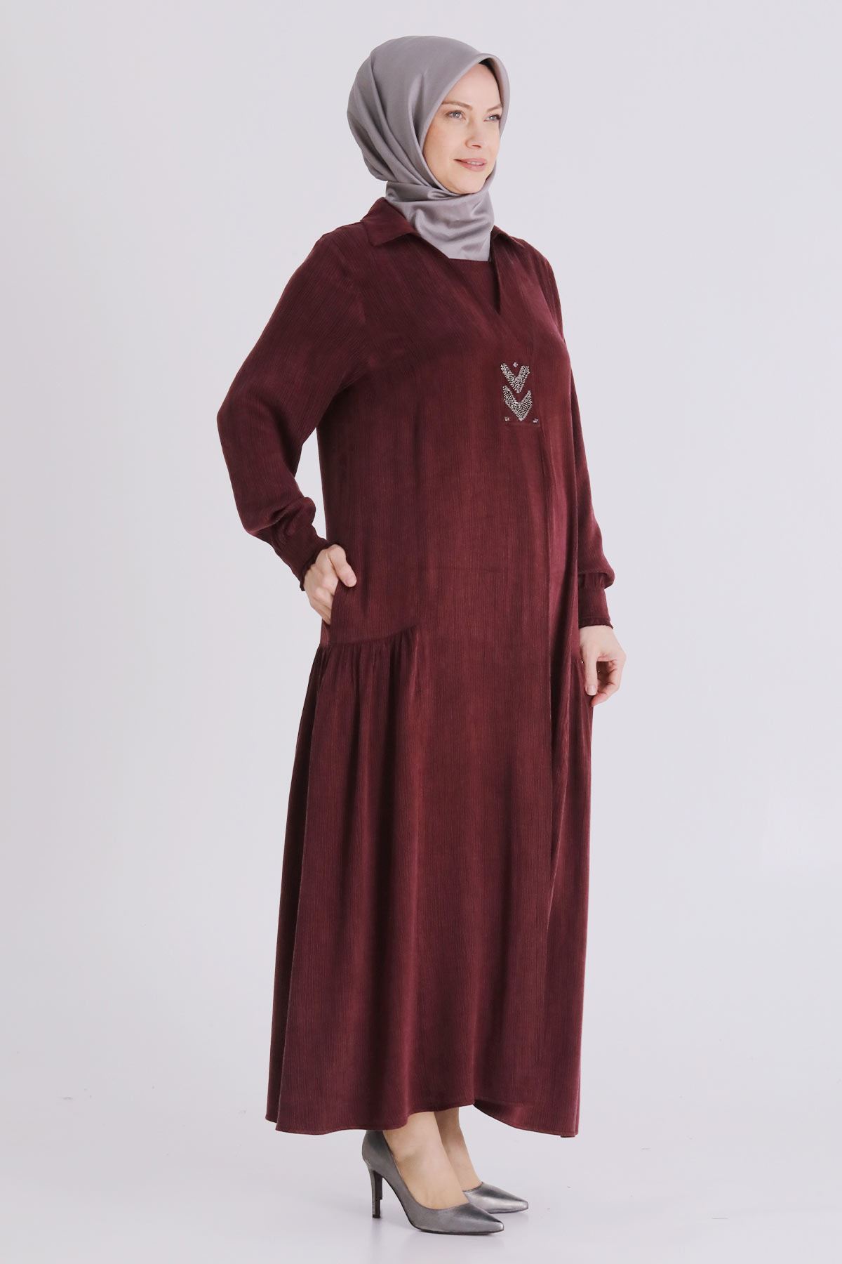 Behrem Yakalı İşlemeli Elbise - LYN04392 Bordo