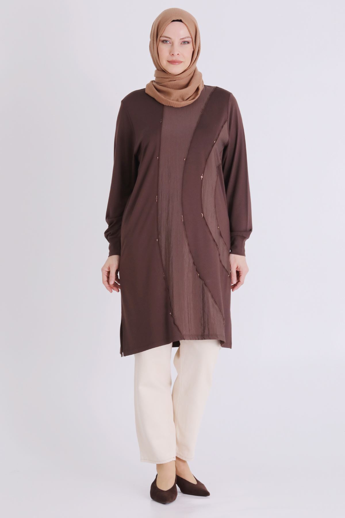 Behrem Boncuk İşlemeli Tunik- LYN04430 Kahve