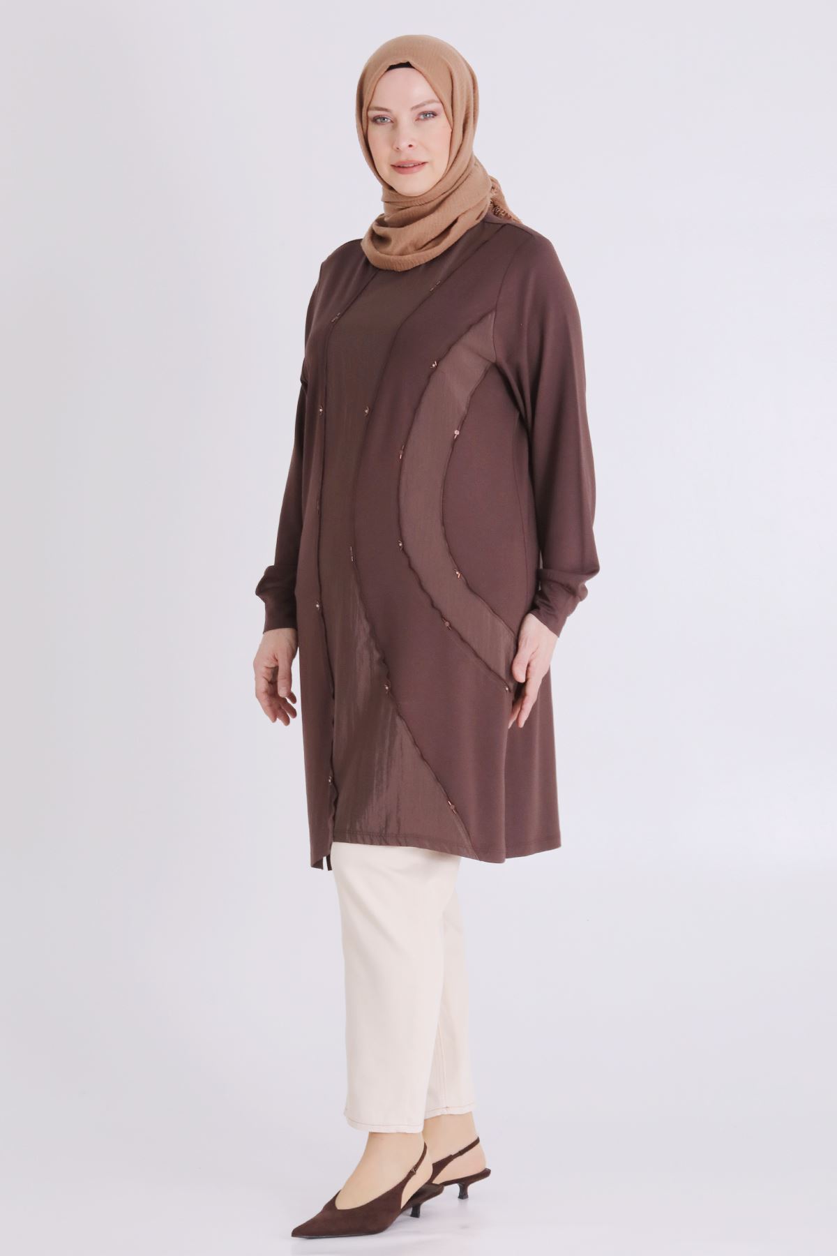 Behrem Boncuk İşlemeli Tunik- LYN04430 Kahve