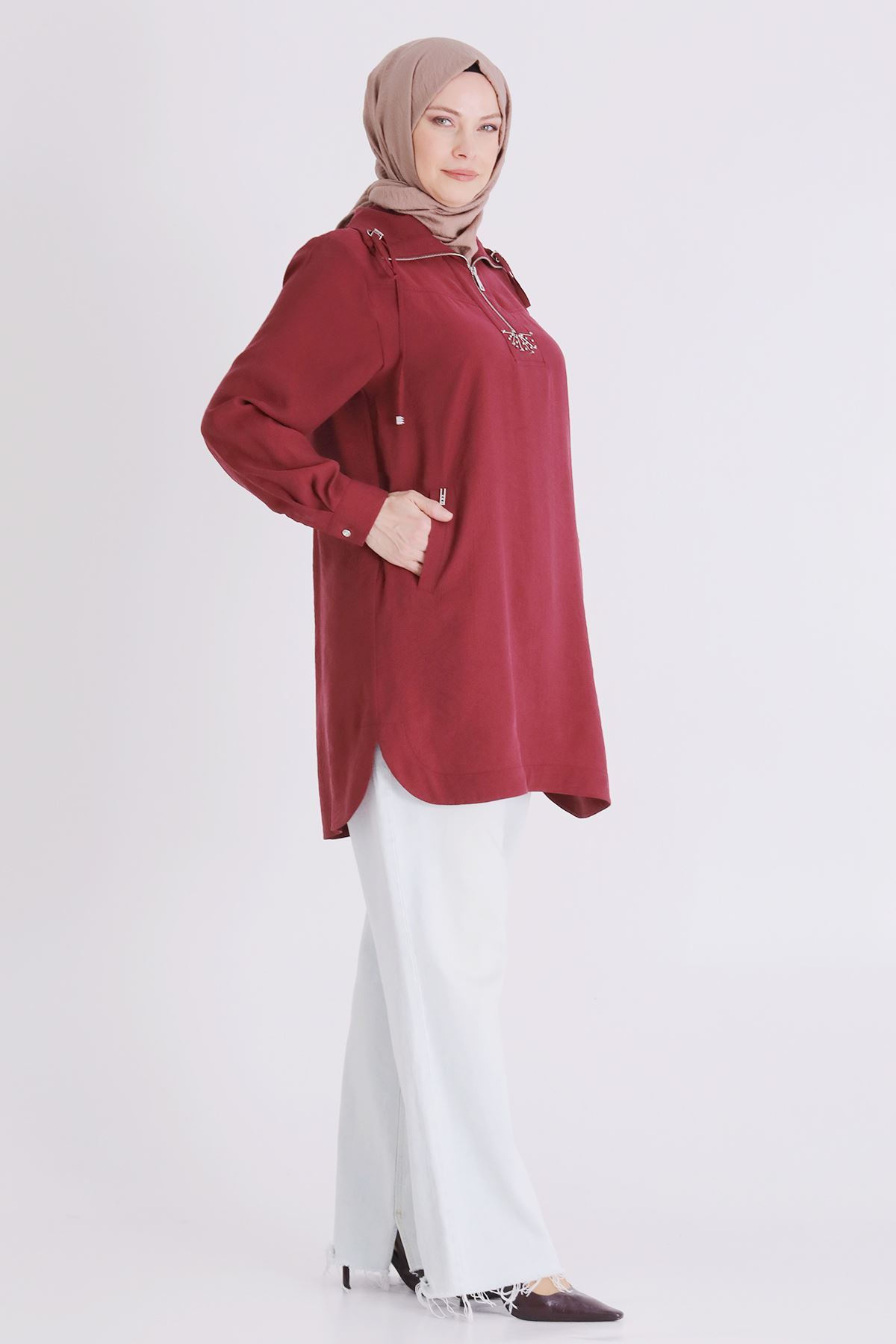 Behrem Fermuarlı İşlemeli Tunik- LYN04433 Bordo