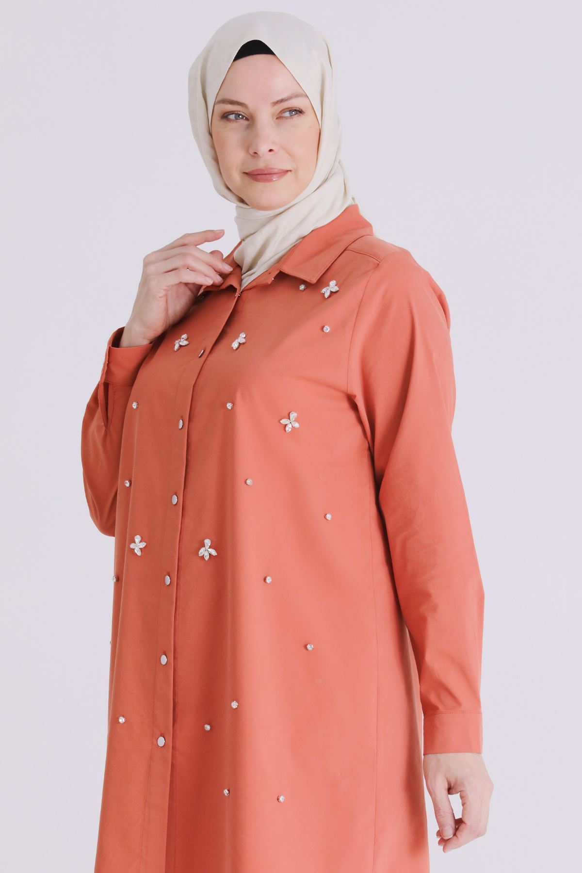 Behrem Taş İşlemeli Tunik- LYN04391 Şeftali