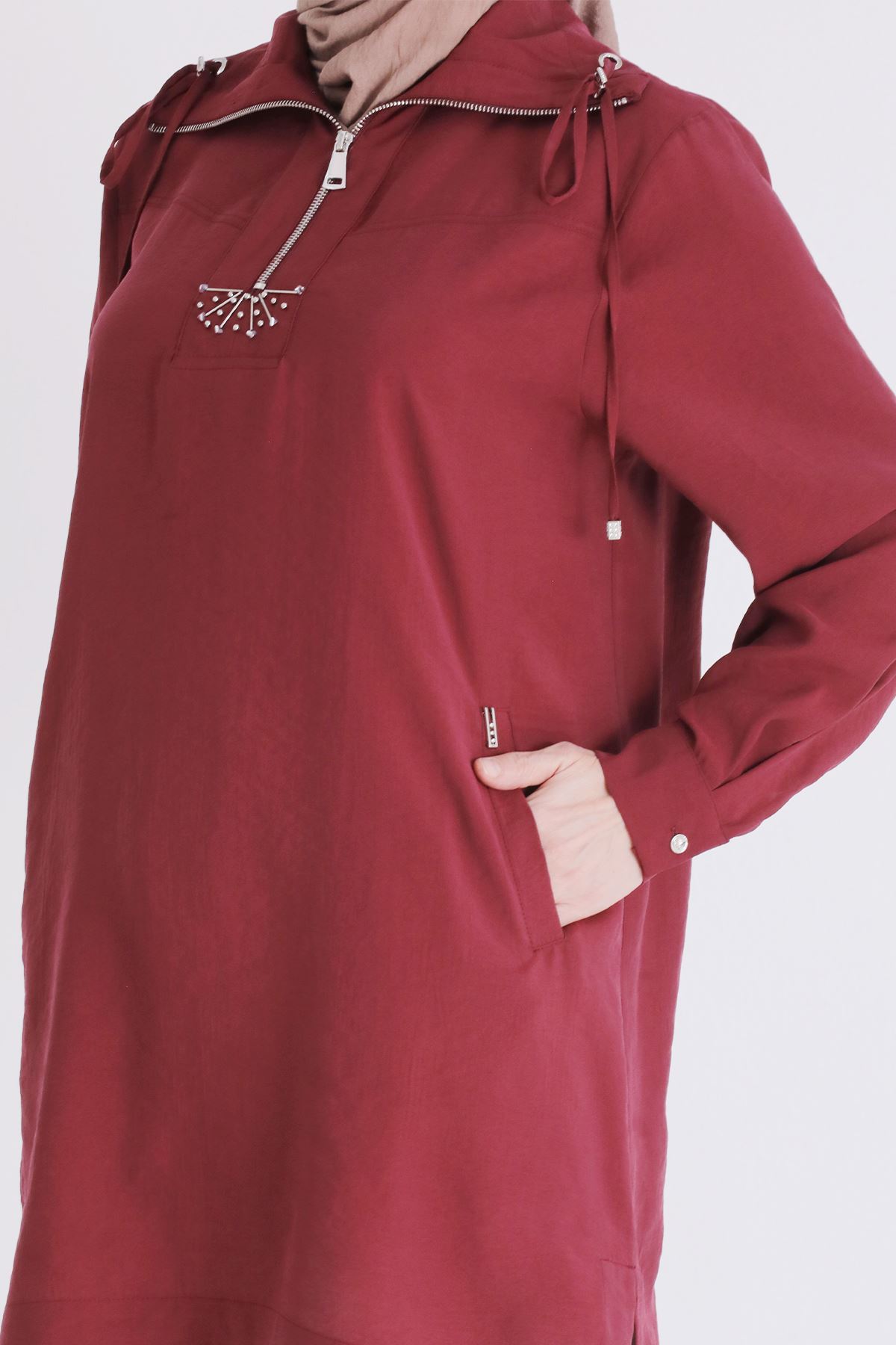Behrem Fermuarlı İşlemeli Tunik- LYN04433 Bordo