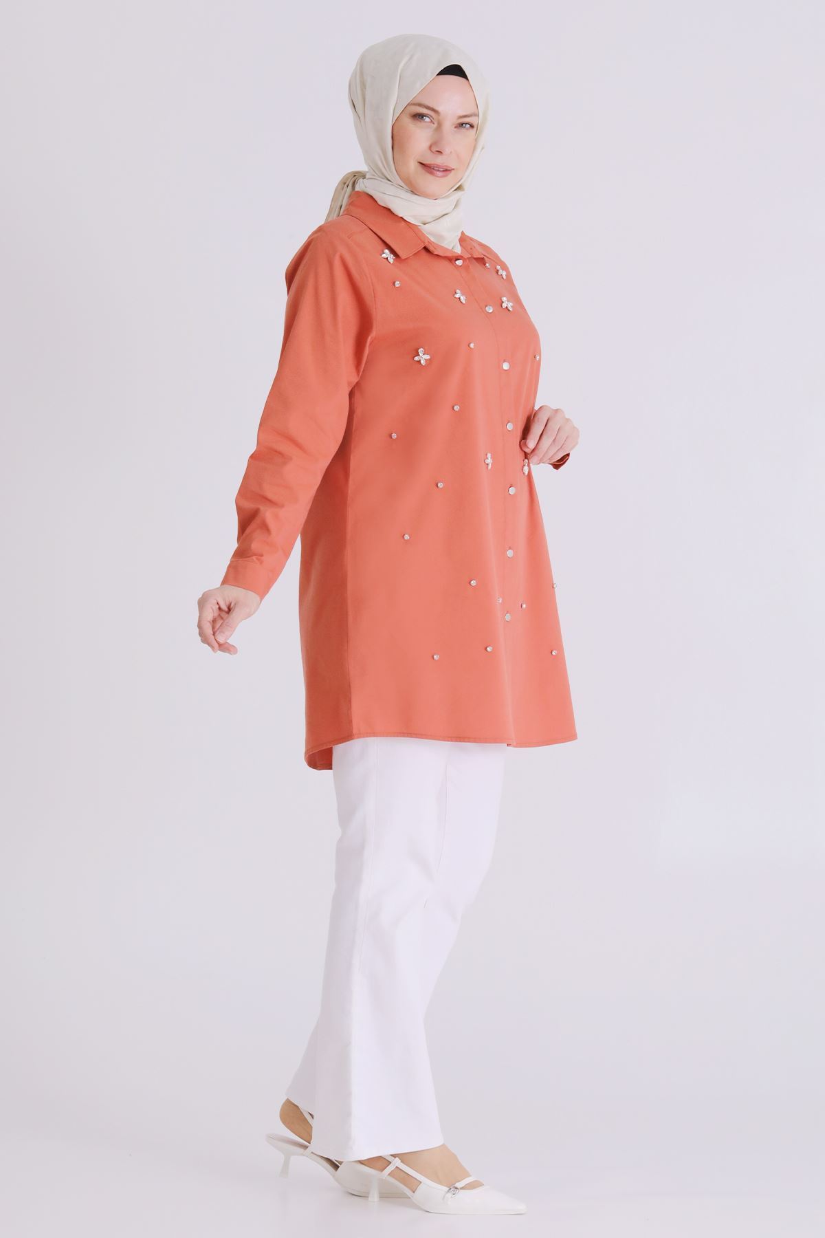 Behrem Taş İşlemeli Tunik- LYN04391 Şeftali