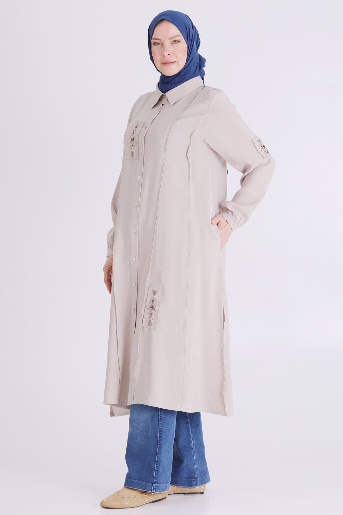 Behrem İşlemeli Tunik - LYN04406 Taş