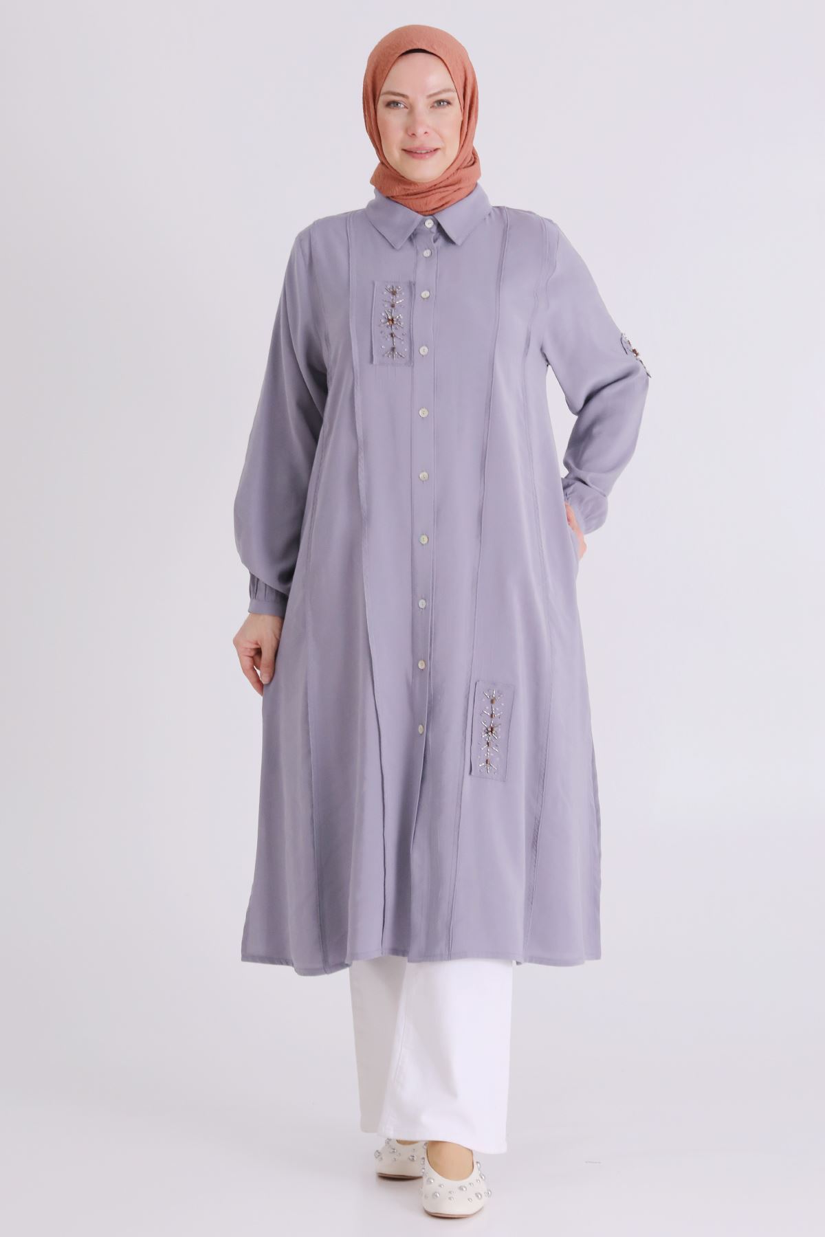 Behrem İşlemeli Tunik - LYN04406 Gri