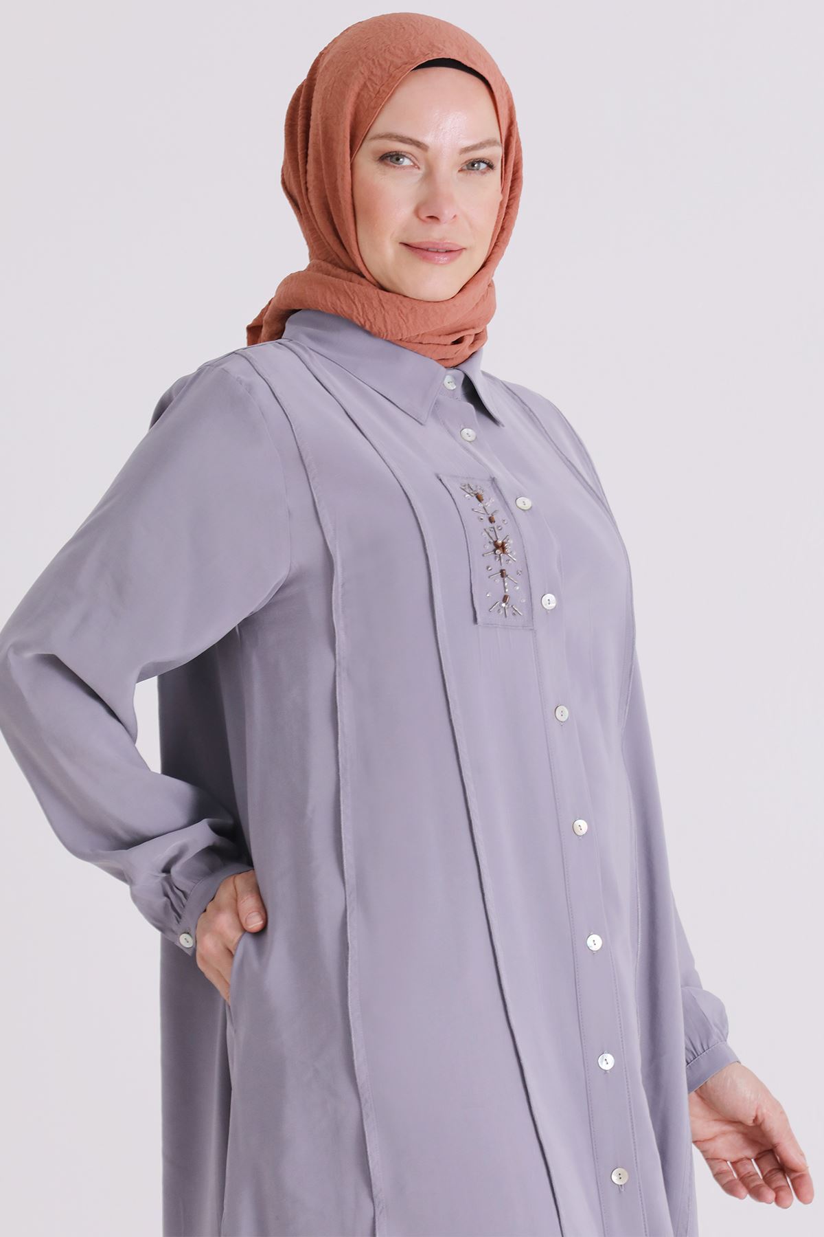 Behrem İşlemeli Tunik - LYN04406 Gri