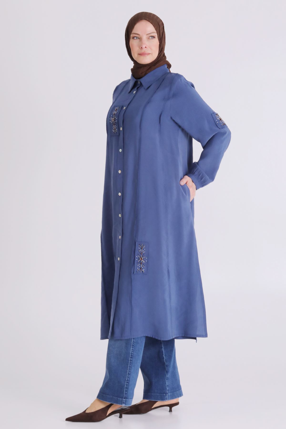 Behrem İşlemeli Tunik - LYN04406 İndigo