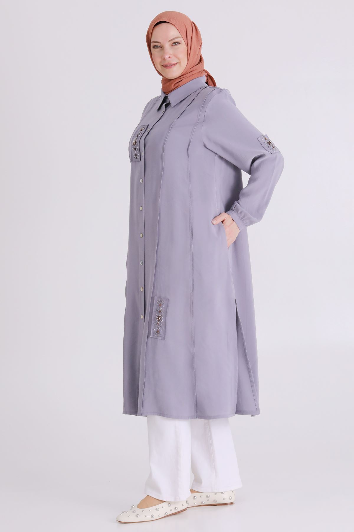 Behrem İşlemeli Tunik - LYN04406 Gri