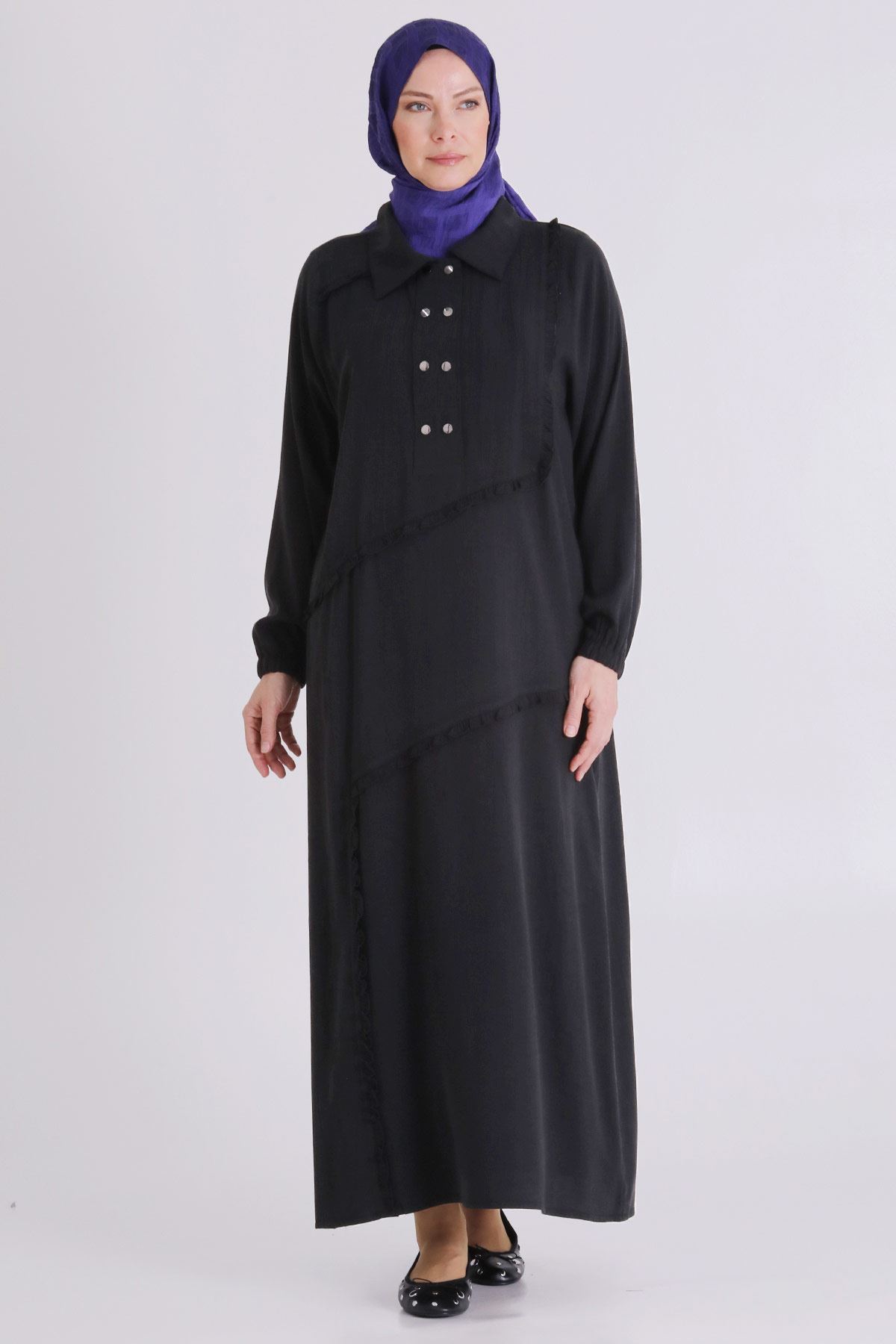 Behrem Fırfır Detaylı Elbise- LYN04409 Siyah