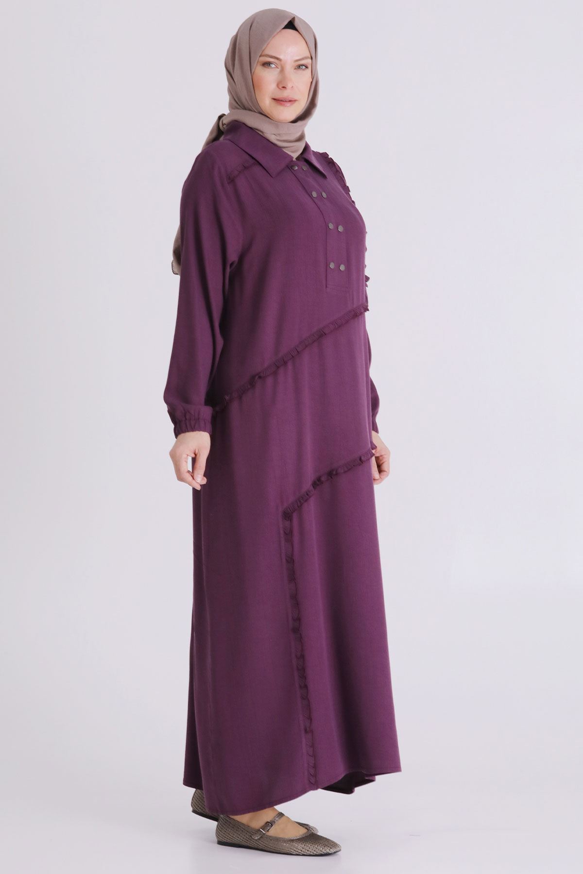 Behrem Fırfır Detaylı Elbise- LYN04409 Vişne