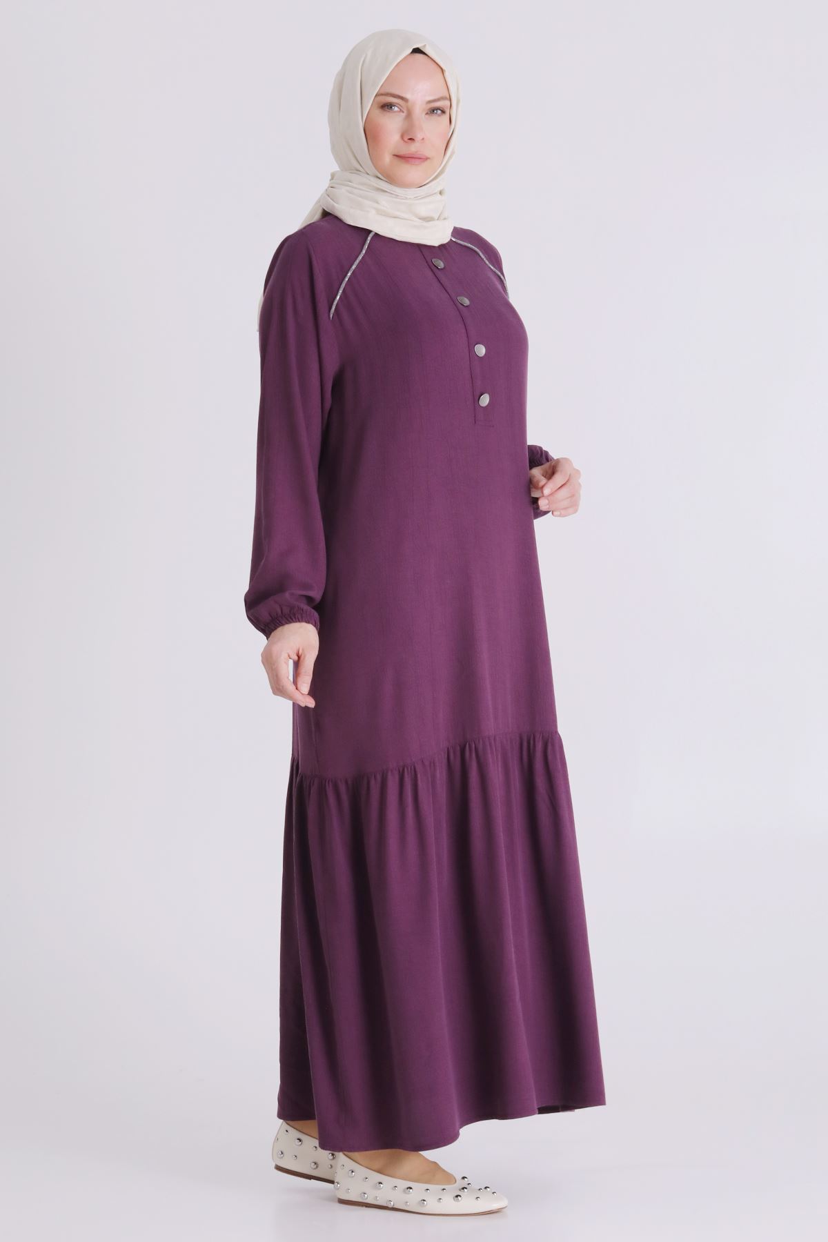 Behrem Omuzları Taşlı Elbise- LYN04439 Vişne