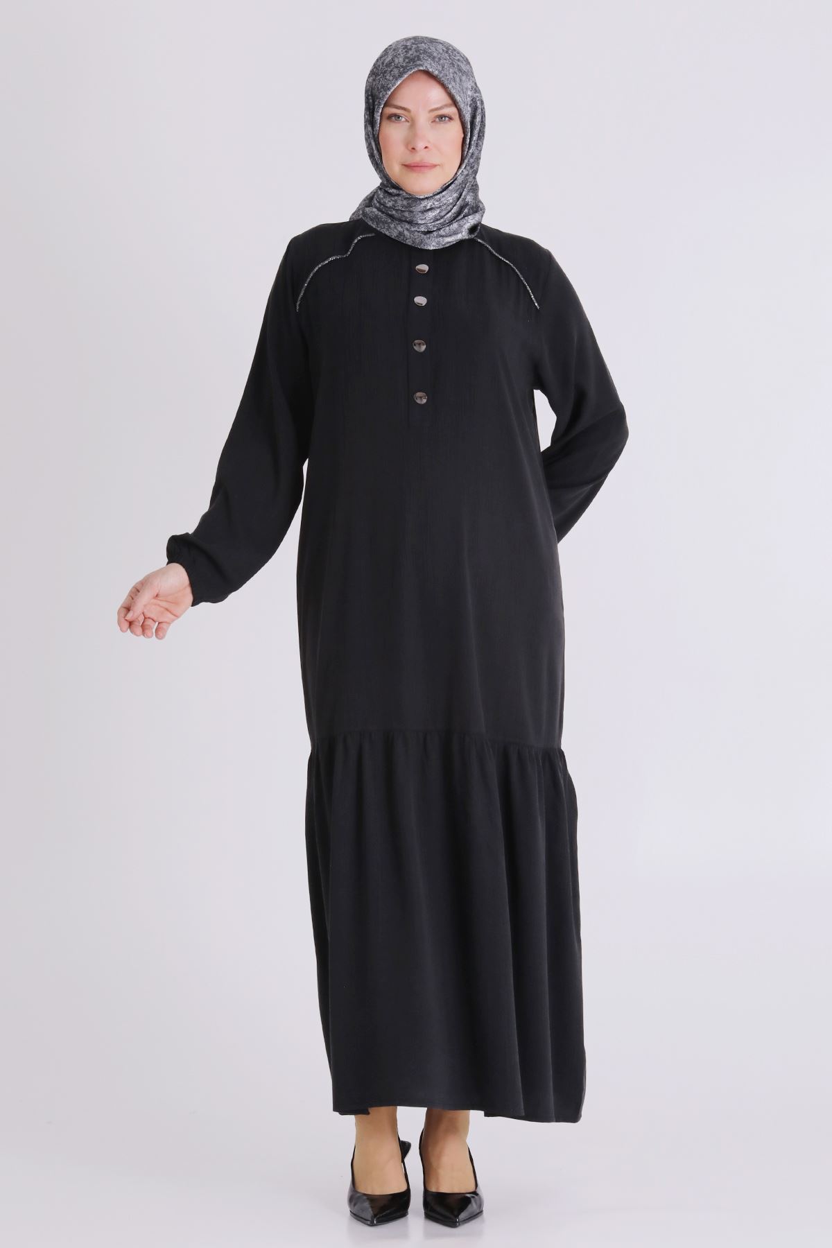 Behrem Omuzları Taşlı Elbise- LYN04439 Siyah