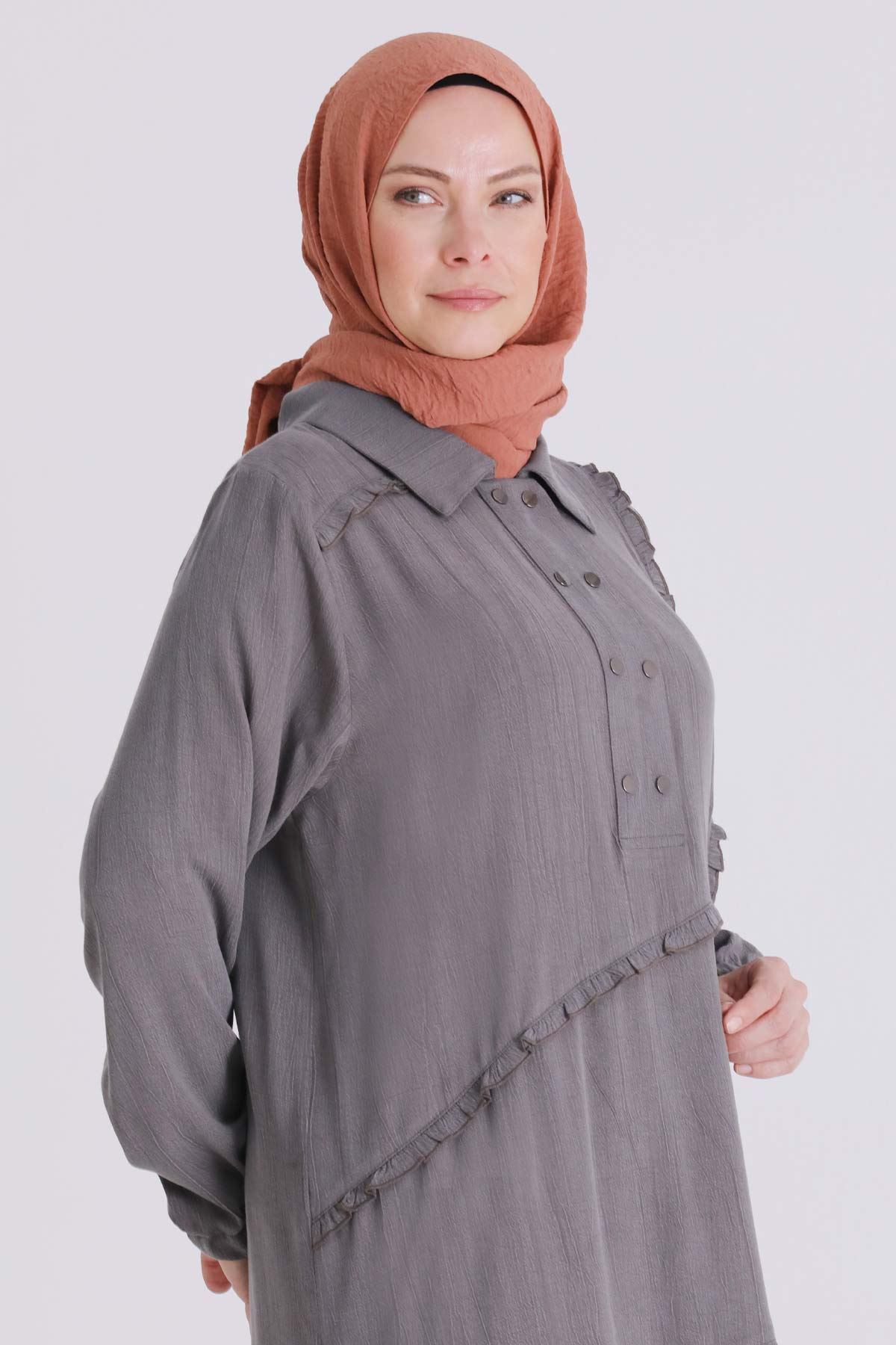 Behrem Fırfır Detaylı Elbise- LYN04409 Duman Gri