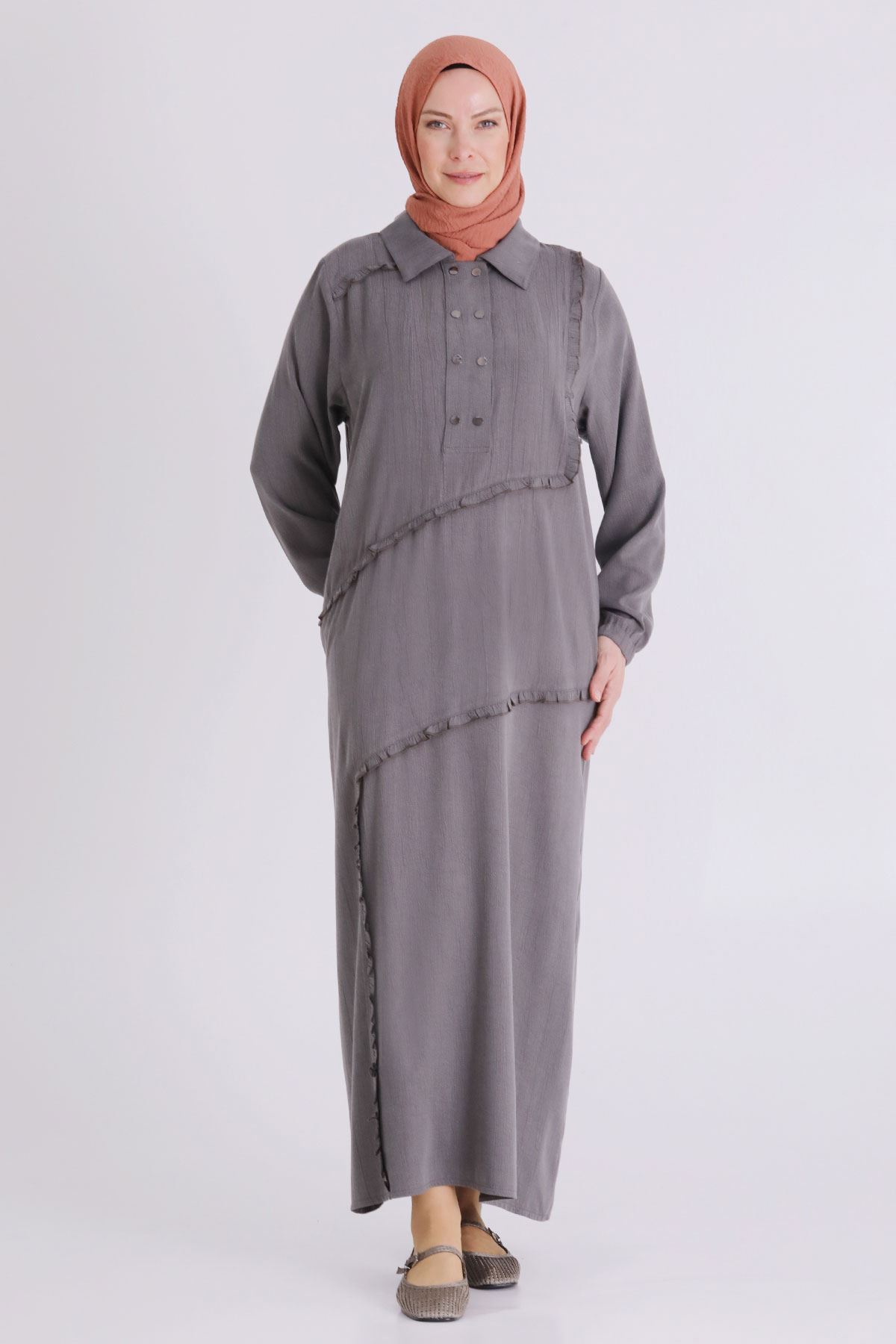 Behrem Fırfır Detaylı Elbise- LYN04409 Duman Gri