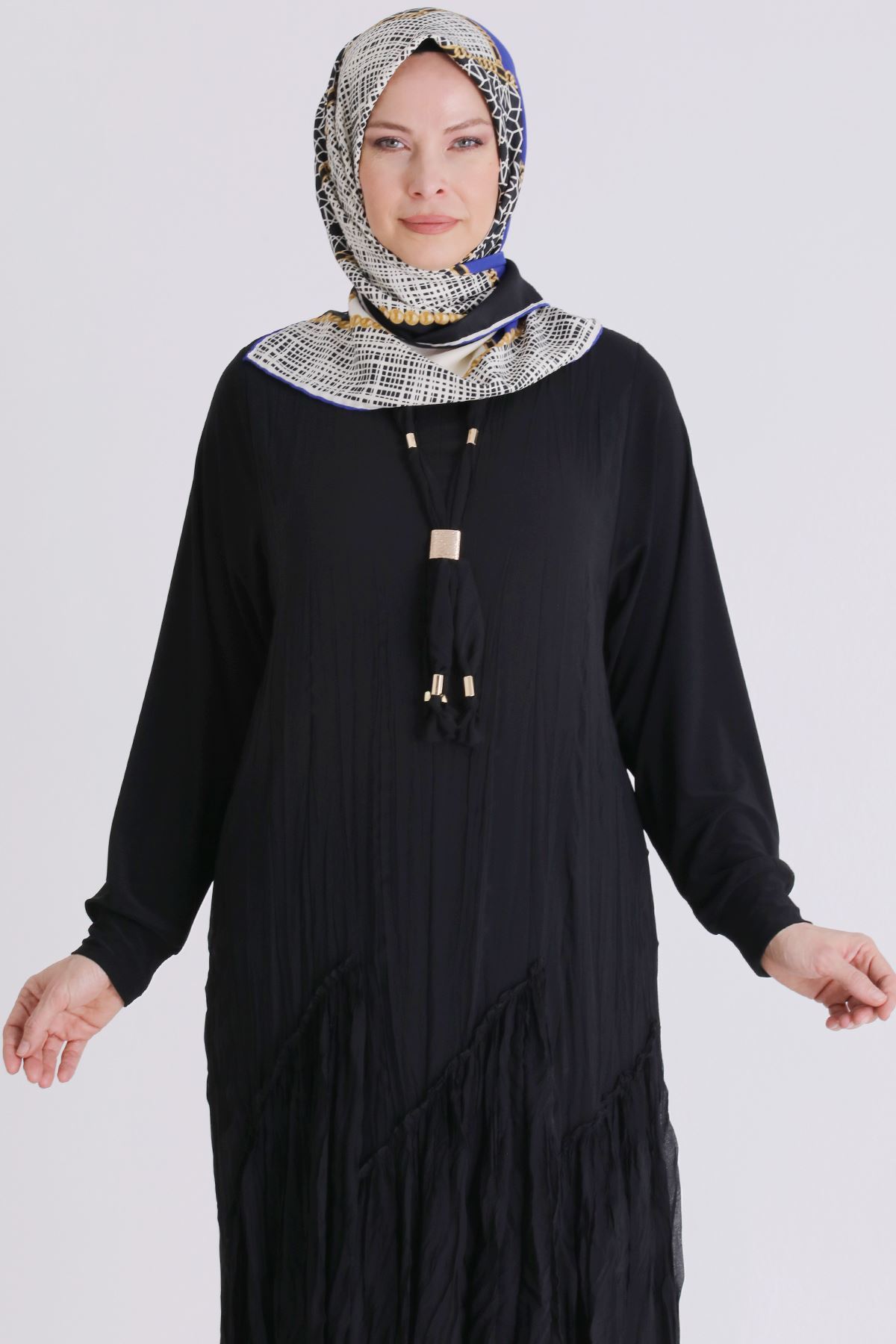 Behrem Kırıştırma Elbise- LYN04440 Siyah