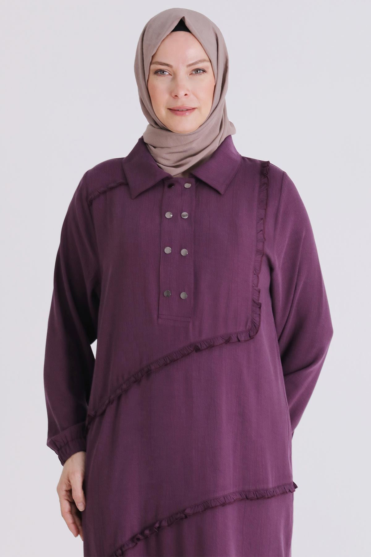 Behrem Fırfır Detaylı Elbise- LYN04409 Vişne