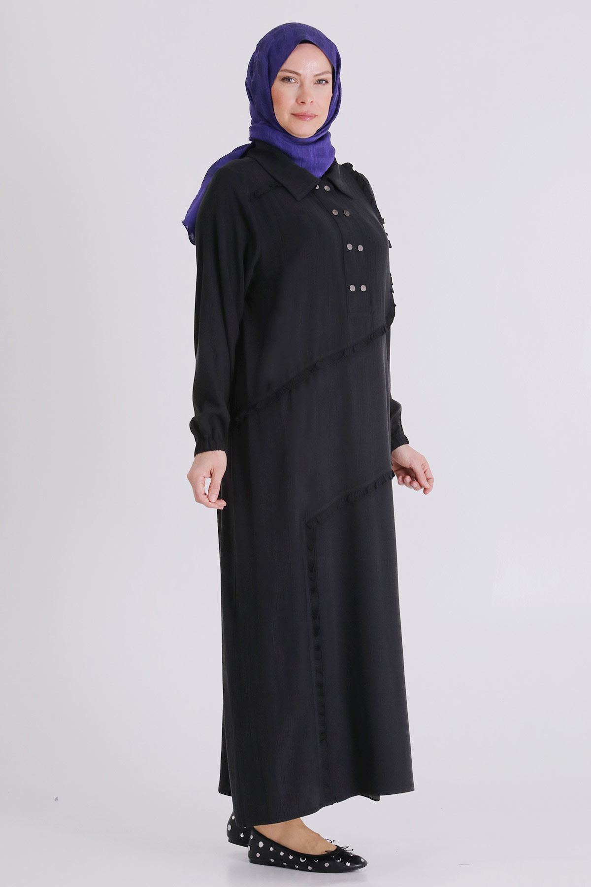 Behrem Fırfır Detaylı Elbise- LYN04409 Siyah