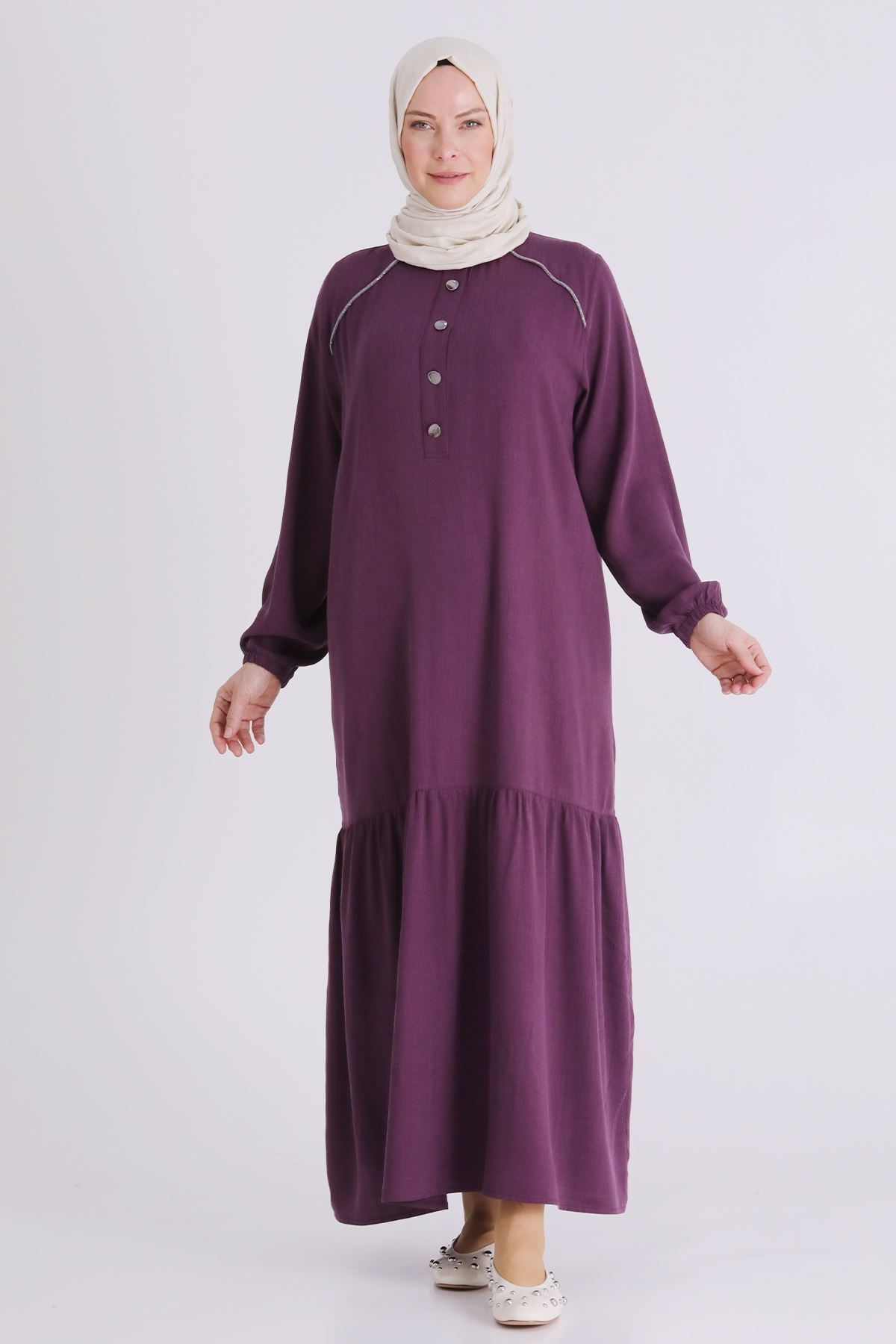 Behrem Omuzları Taşlı Elbise- LYN04439 Vişne