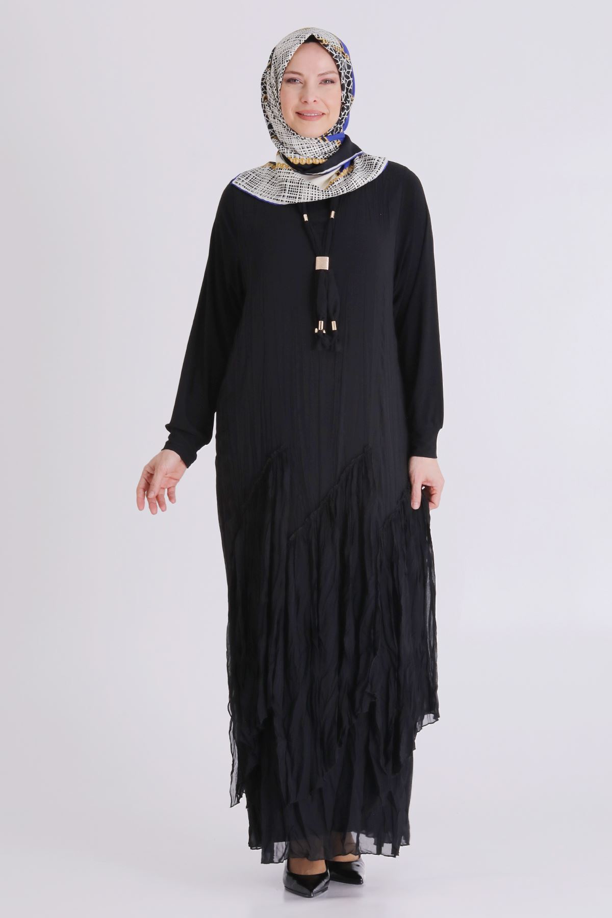 Behrem Kırıştırma Elbise- LYN04440 Siyah