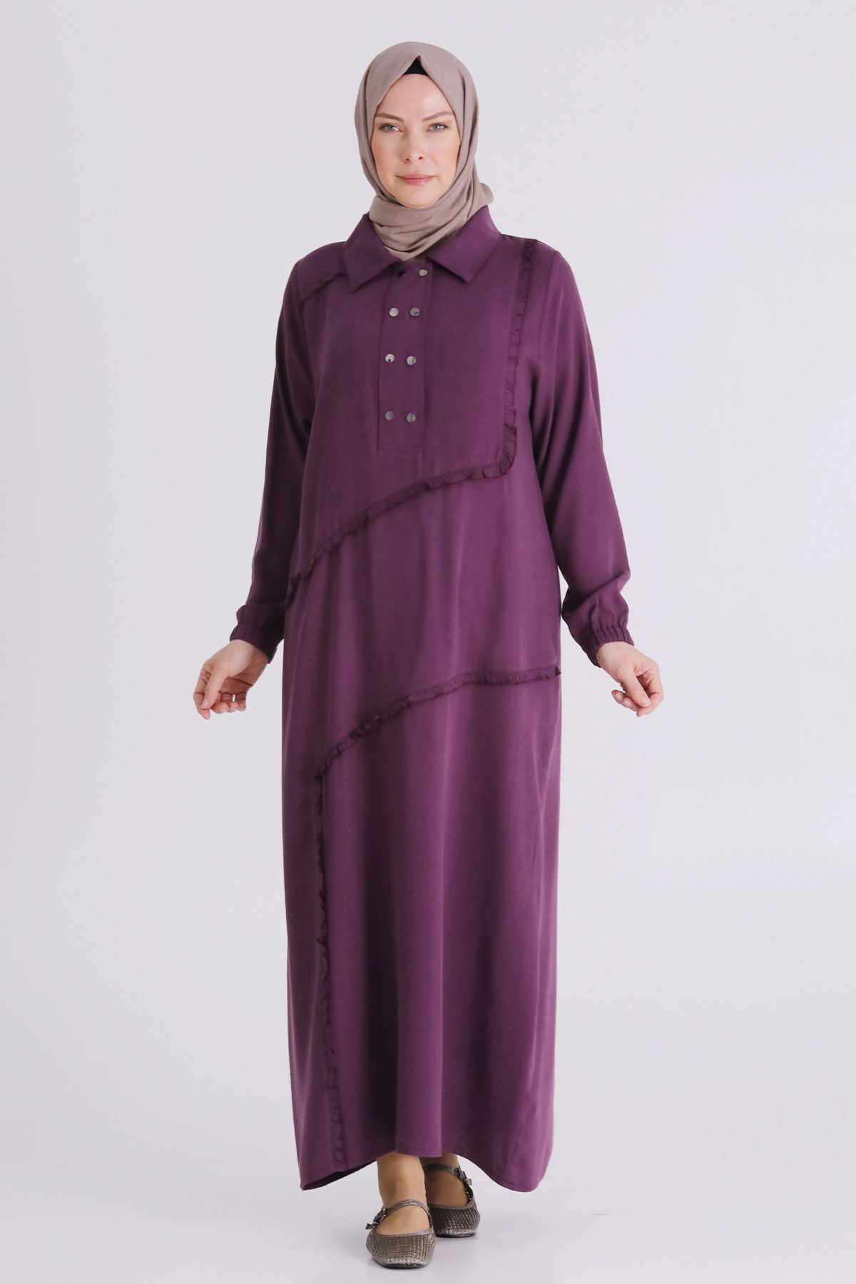 Behrem Fırfır Detaylı Elbise- LYN04409 Vişne