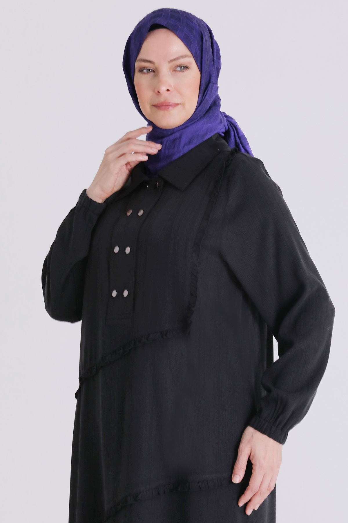 Behrem Fırfır Detaylı Elbise- LYN04409 Siyah