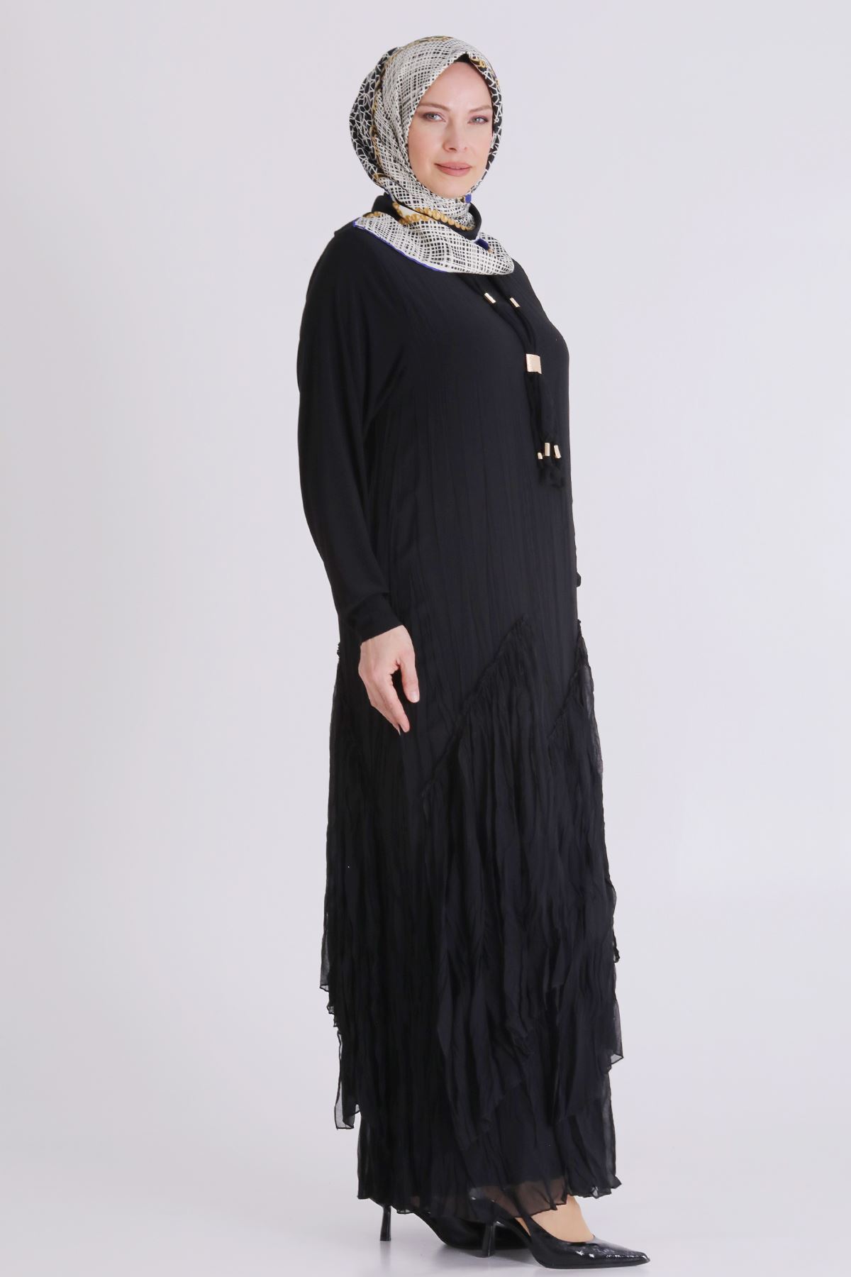 Behrem Kırıştırma Elbise- LYN04440 Siyah