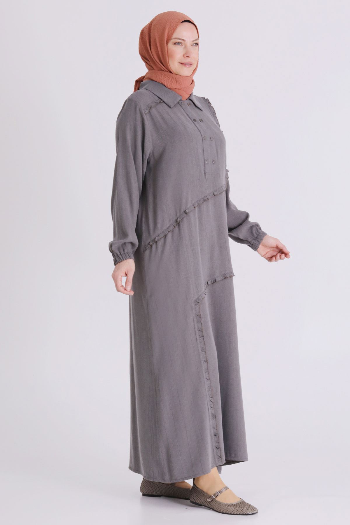 Behrem Fırfır Detaylı Elbise- LYN04409 Duman Gri